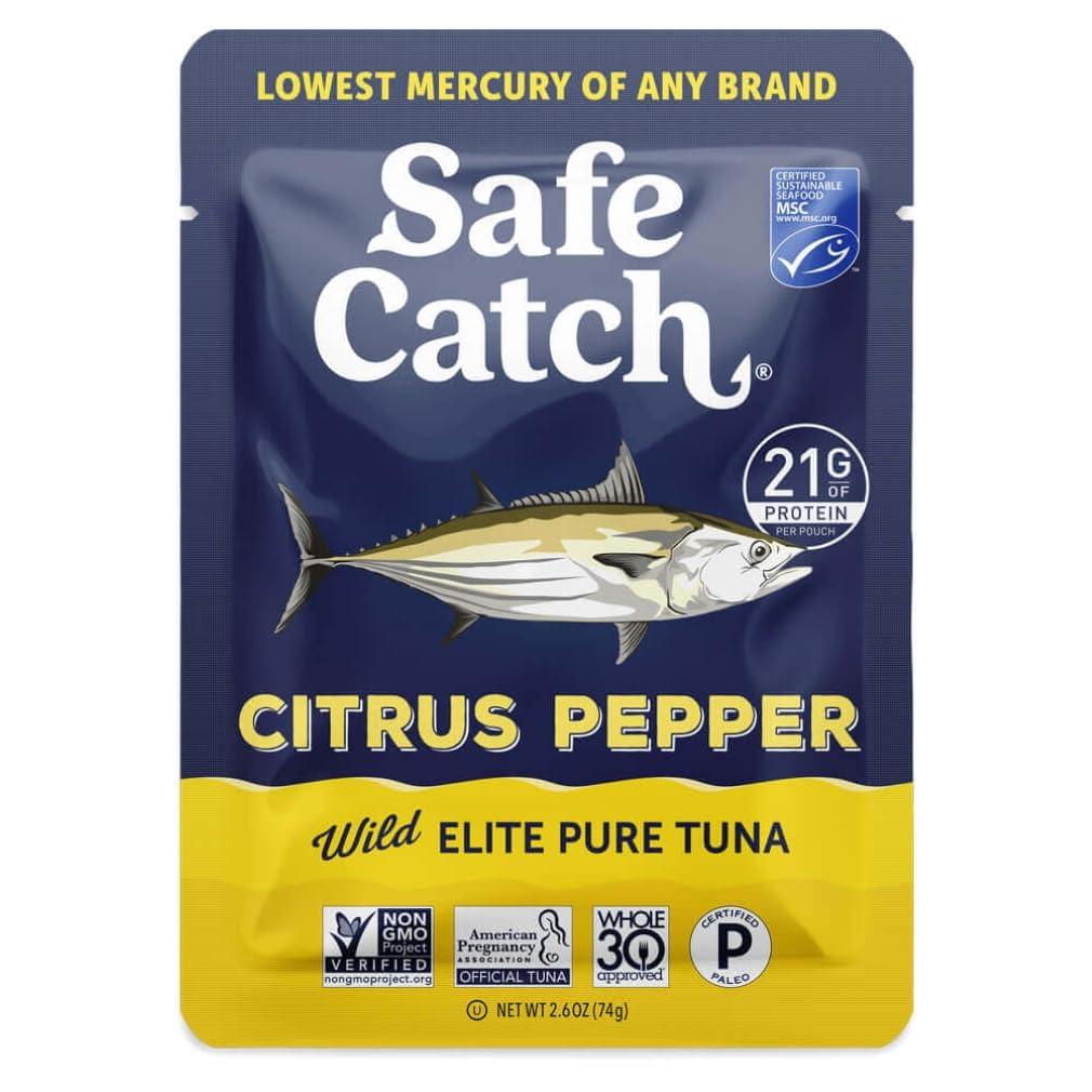 Safe Catch Safe Catch Elite Lowest Mercury Wild-Caught Tuna Pouch Citrus Pepper Seasoned Fish, Gluten-Free, Paleo, Keto, Non-GMO, High Protein Food, 2.6oz Packets, Pack of 12