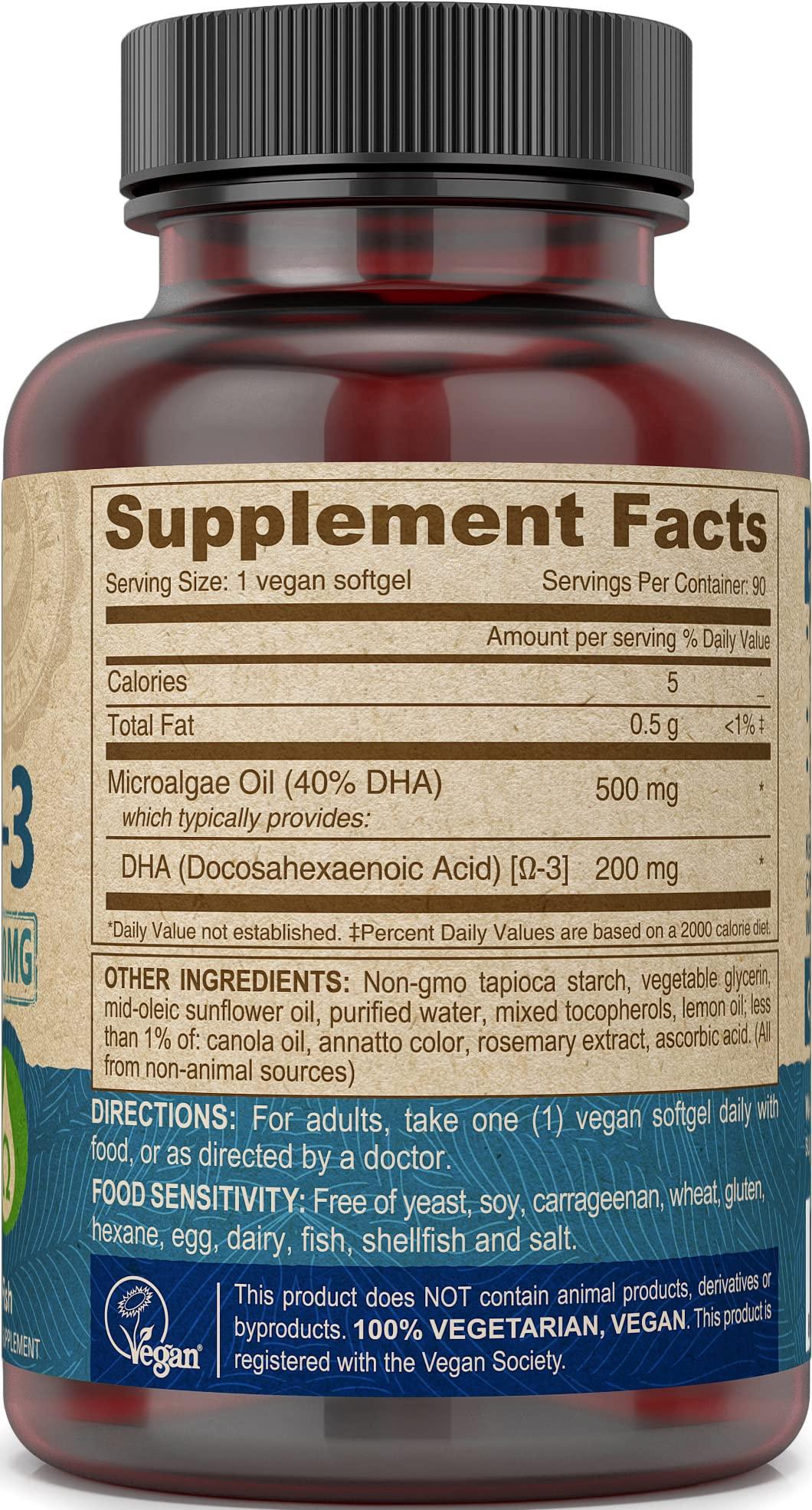 Deva Vegan Vitamins DEVA Vegan Omega-3 DHA Supplement - Once-Per-Day Softgels 200 MG - Carrageenan Free - Gelatin Free - Non-Fish - Algae Oil Omega-3 Fatty Acids - 90 Softgels