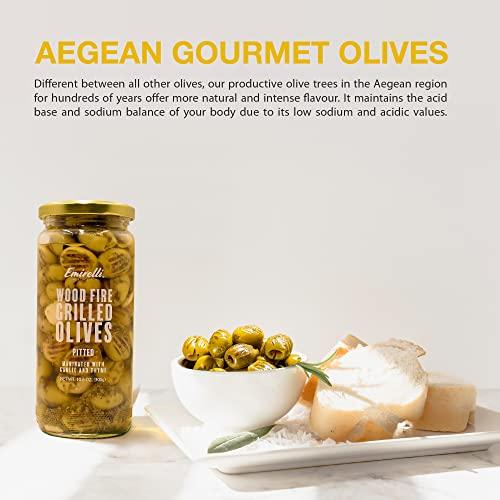 Emirelli San Francisco Emirelli Grilled and Pitted Green Olive – Delicious Premium Hand-Picked Turkish Olives Filled Marinated in Fresh Spices, Preserved (Grilled Olives, 6 Pack)