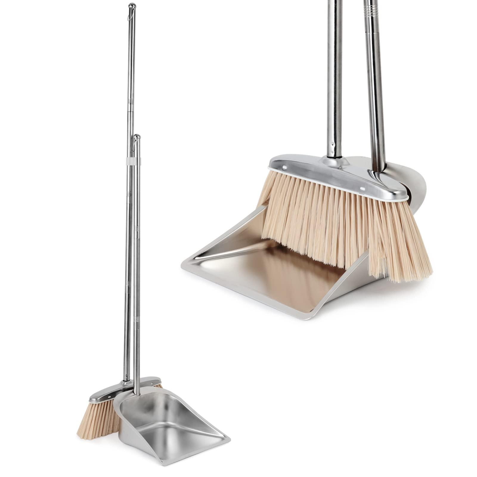 VOOWO VOOWO Broom and Dustpan Set for Home, Stainless Steel Broom and Dustpan Set with Long Handle, Heavy Duty Dustpan Broom Set Standing Dust Pan Kitchen and Home Indoor Outdoor Broom