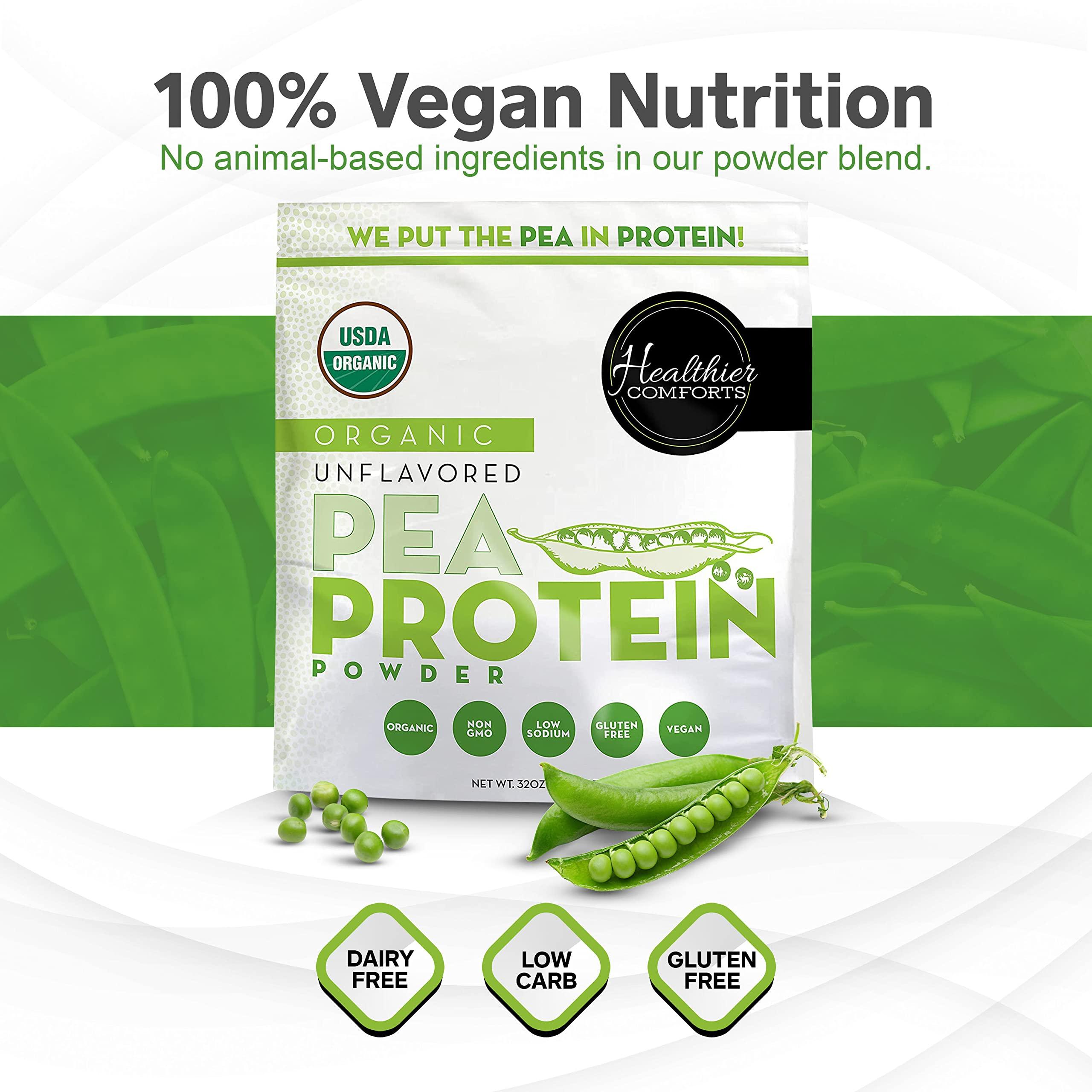 Healthier Comforts Healthier Comforts Pea Vegan Protein Powder w/Low Sodium | 100% Plant Based Protein Powder | Kosher, Gluten Free, Non-GMO, Keto Friendly, Organic Protein Powder | Unflavored Protein Powder 32oz