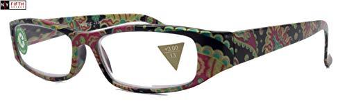 NY FIFTH AVENUE Florence, Premium Reading Glasses, High End Readers +1.25 to +3.00 Magnifying. Paisley Green, Optical, Rectangular Style. NY Fifth Avenue