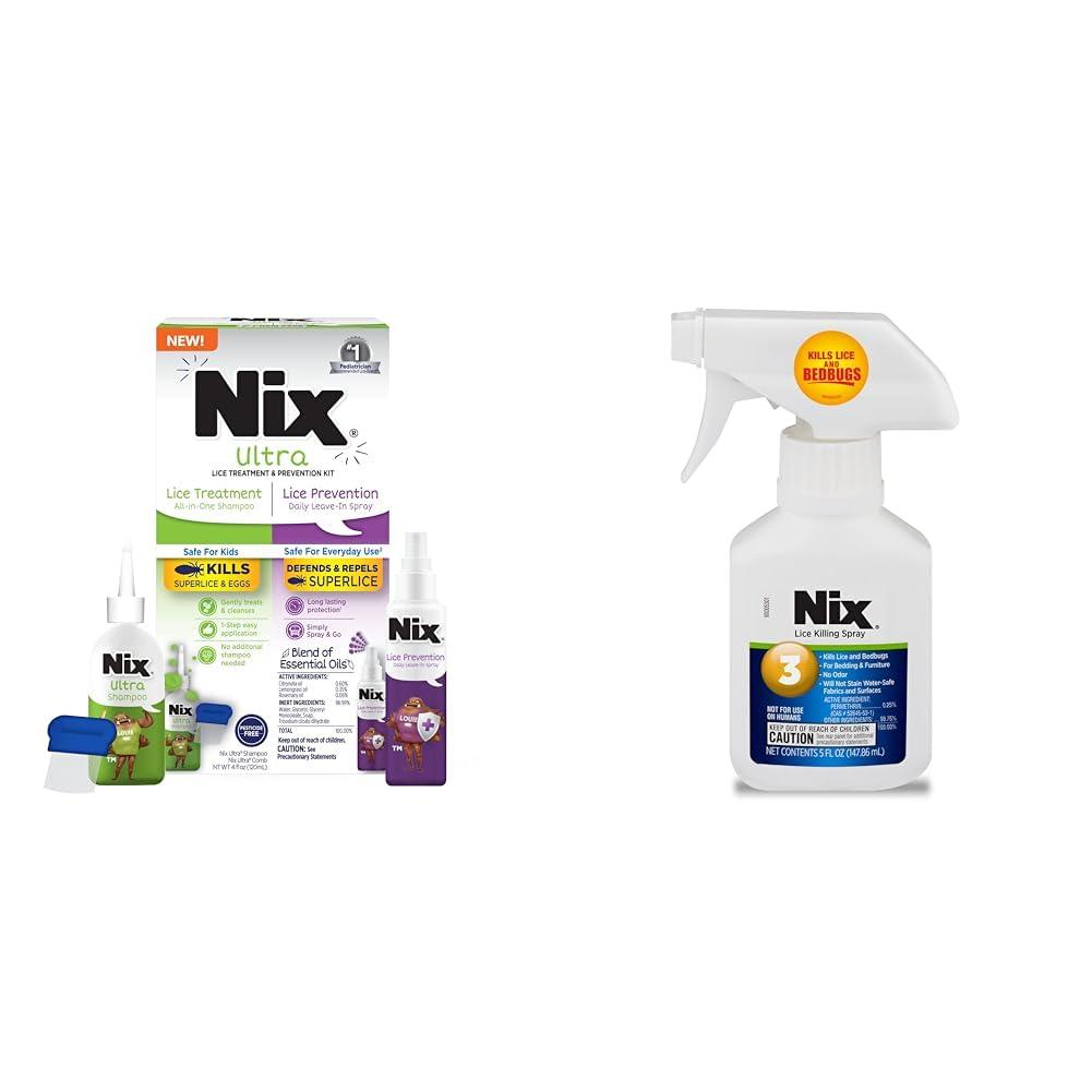 Nix Nix Lice Treatment Kit with Shampoo, Comb & Prevention Spray Plus Bedbug & Lice Killing Home Spray