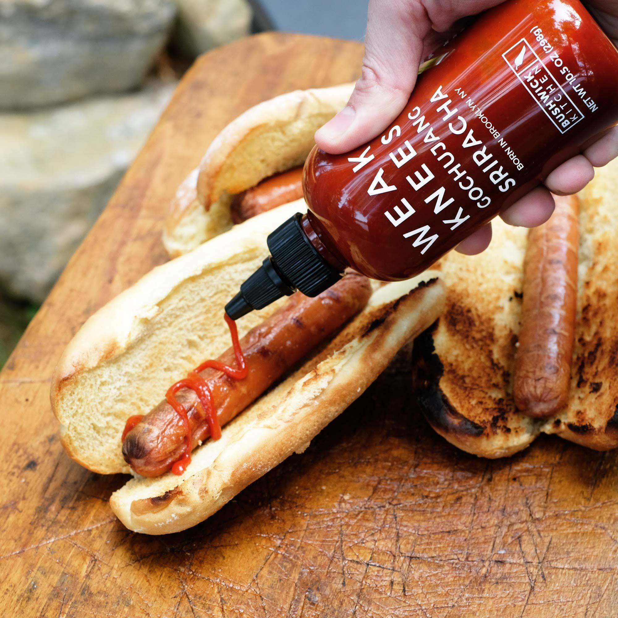 Bushwick Kitchen Weak Knees Gochujang Sriracha Hot Sauce, Sriracha Sauce 10.5oz Easy Squeeze Bottle, Korean Gochujang Paste Infused Sriracha Chili Sauce, Vegan Hot Sauce, Unique Gifts for Men, Food Gifts