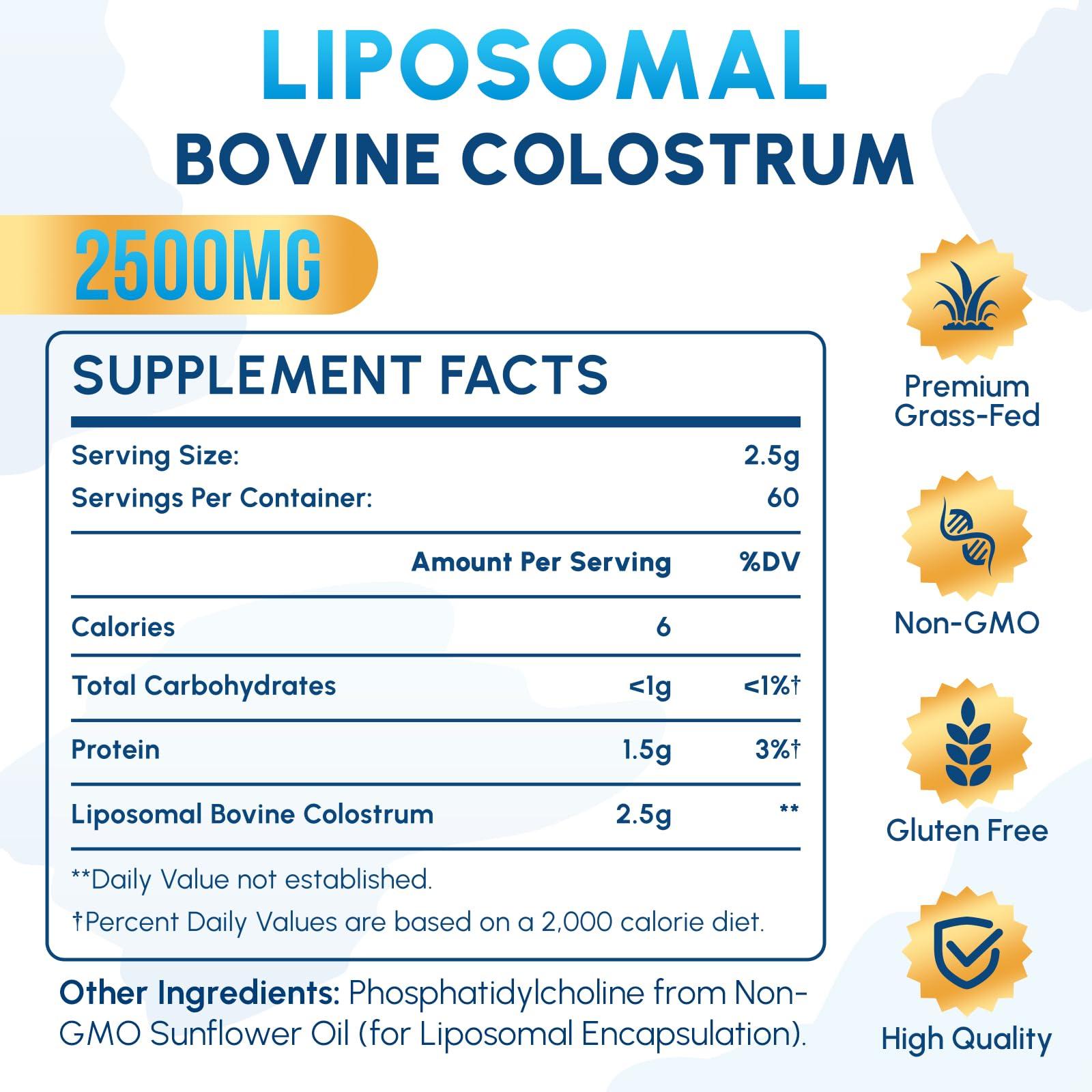 Zdoroviye Liposomal Bovine Colostrum Powder Supplement 2500 mg - from Grass-Fed Cows, High Absorption Than Regular Bovine Colostrum for Immune, Gut, Hair, Skin (60 Servings - 13 Bottle)