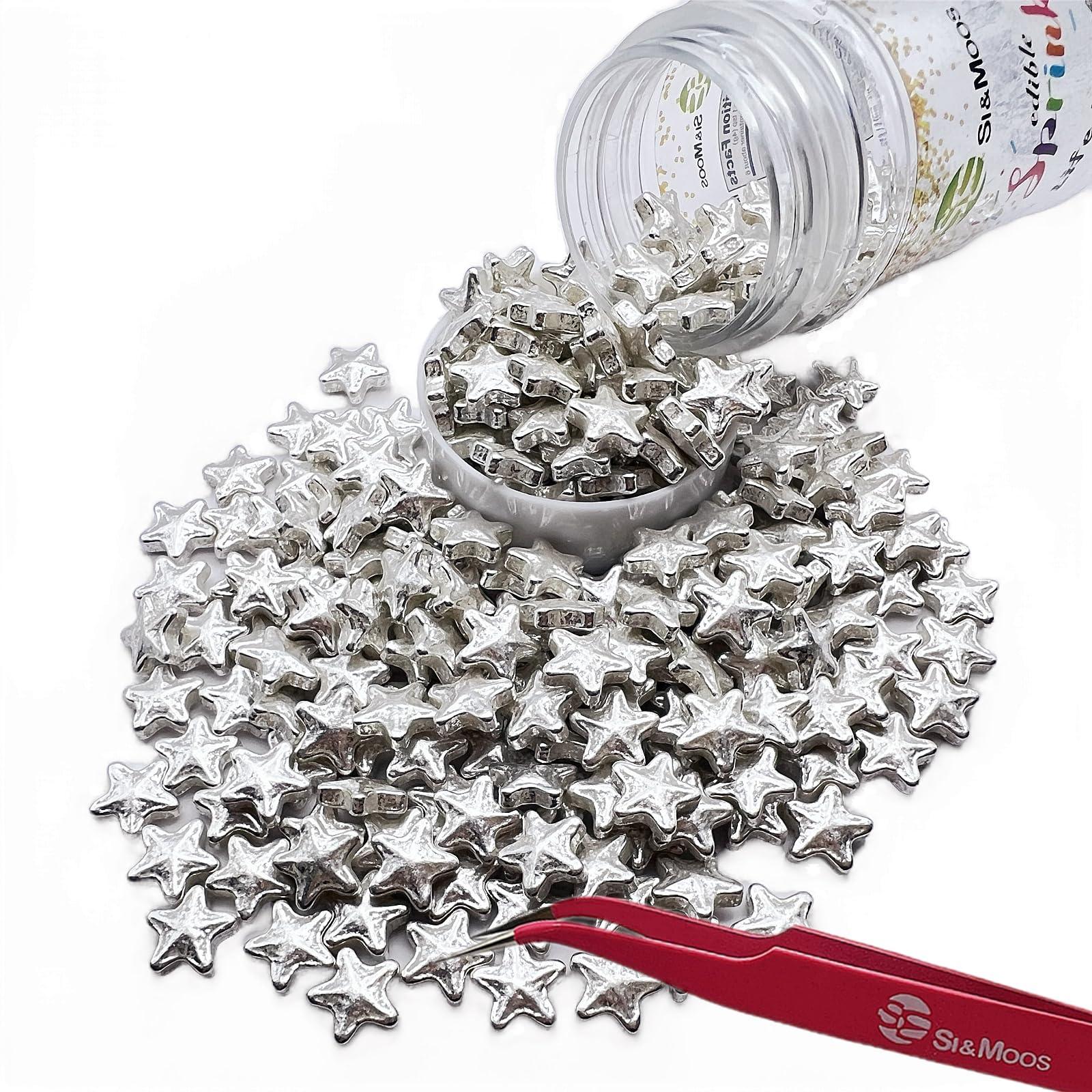 SE SI&MOOS SE Si&Moos Edible Silver Star Sprinkles Edible Silver Stars for Cake Decorating Silver Edible Stars Silver Sprinkles Large Star Sprinkles for Cake Decorating Silver Stars for Cookies Christmas Cookie Decorations 3 OZ with Tweezers