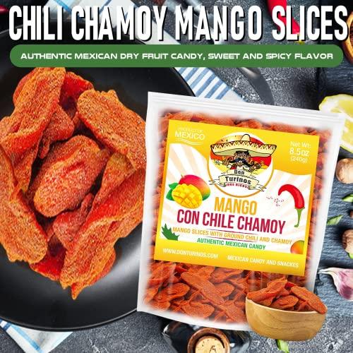DON TURINOS ¡QUE RICOS! Chili Chamoy Mango Slices, 8.5 oz. Bag of Authentic Mexican Dry Fruit Candy, Sweet and Spicy Flavor, Fresh and Natural Dulce Mexicano, by Don Turinos