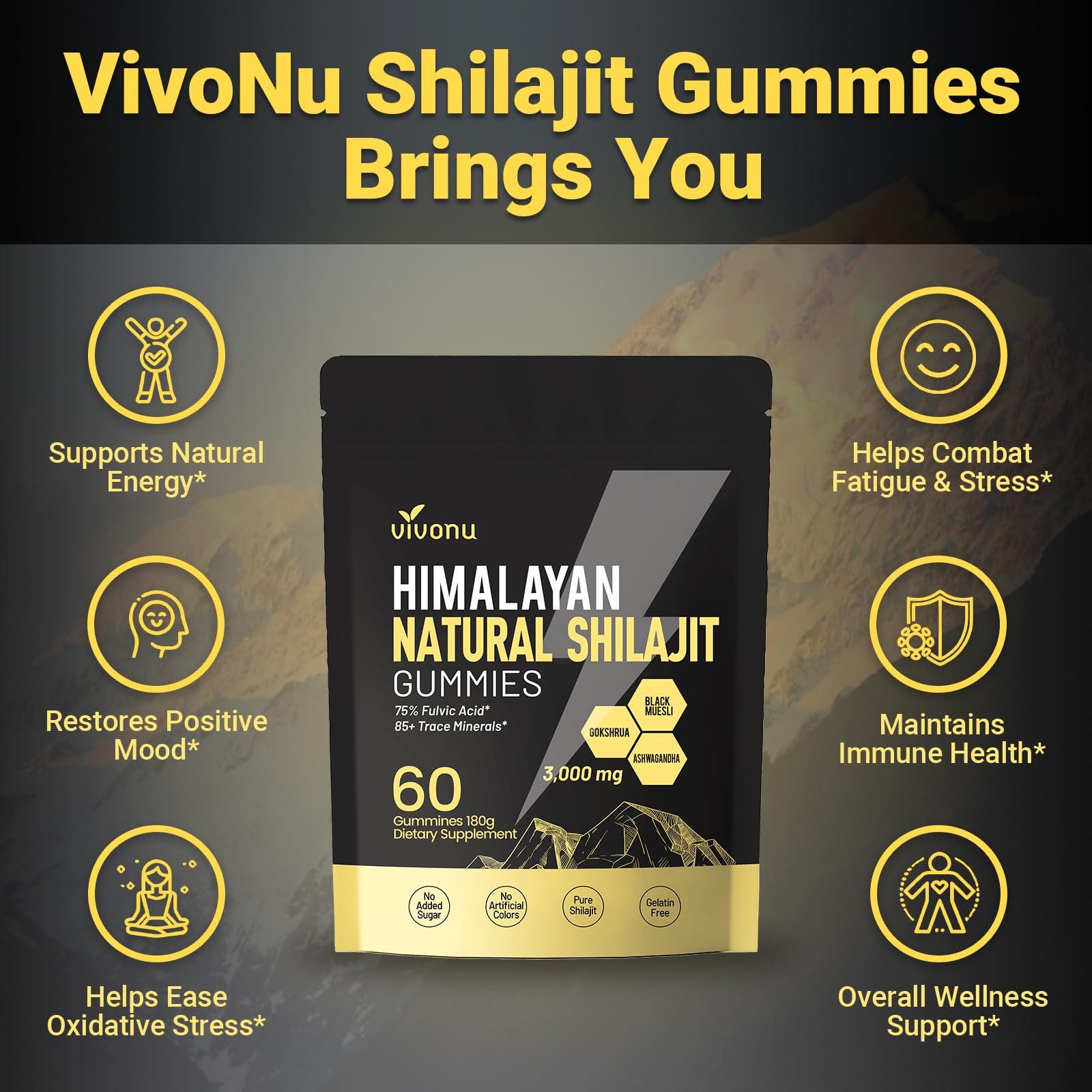 VivoNu VivoNu Shilajit Gummies, Shilajit micronutrient Supplement, Himalayan Premium Ingredient Shilajit - Ashwagandha, Gokshura, Fulvic Acid & 85+ Trace Minerals