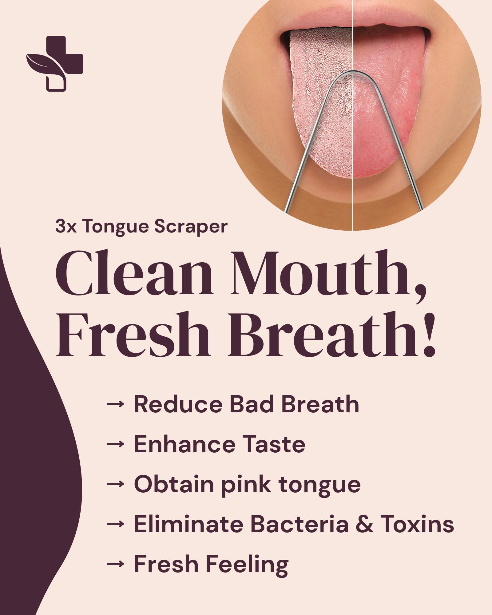 YOGAMEDIC Yoga Medic Tongue Scraper for Adults & Kids, 100% Stainless Steel (3 Pack)- Fight Bad Breath- Reusable Tongue Cleaner with Travel Case- Gentle Handle- Mouth Freshener- Get Rid of Coated Tonge- U Shape