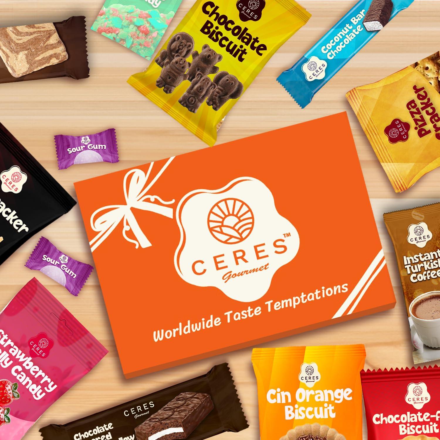Ceres Gourmet International Snack Box Variety Pack, 12 Different Snacks with 15+ Pieces Count Premium Foreign Rare Snacks and Candies, Sweet & Sour Candy Pack for Christmas Thanksgiving or More
