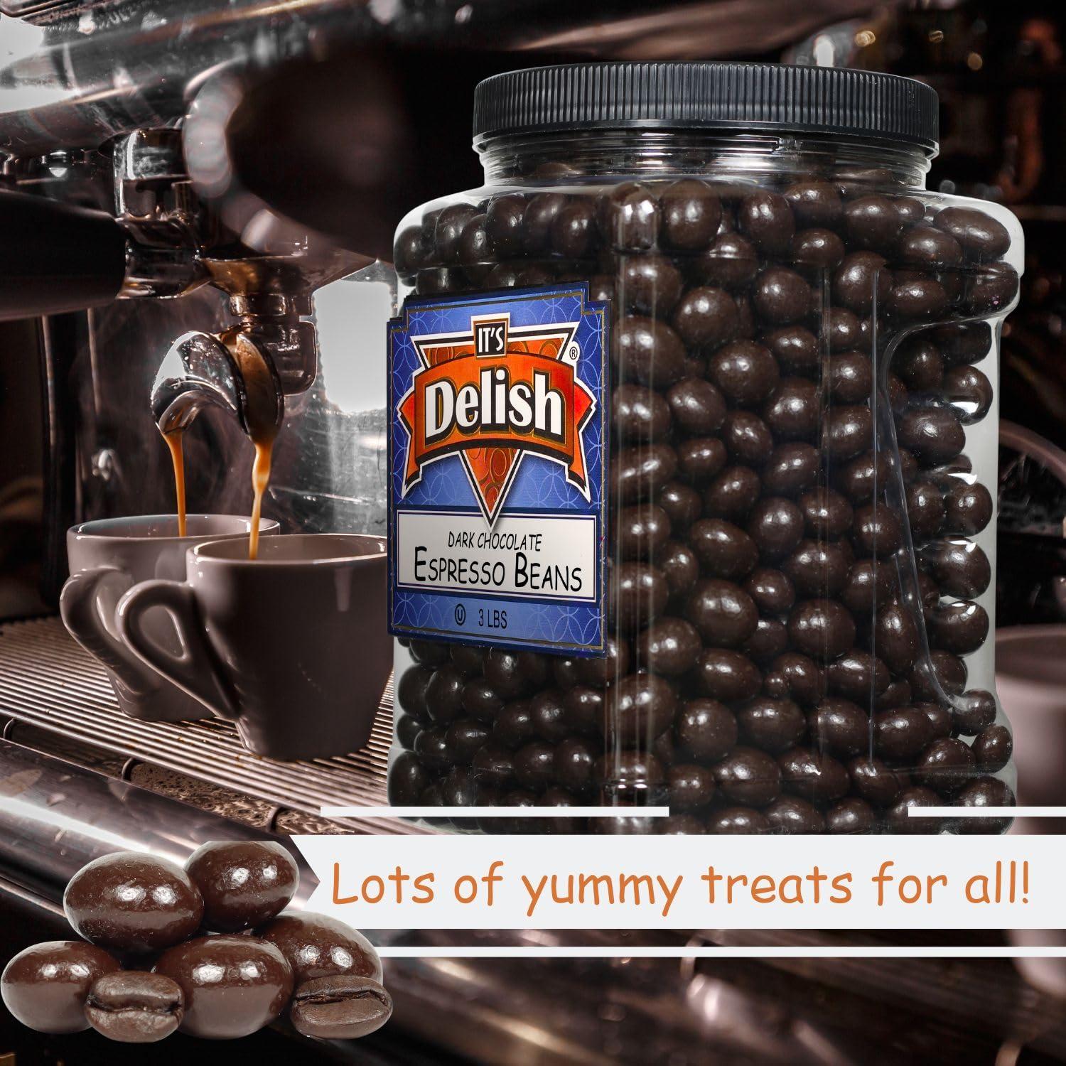 It\'s Delish Dark Chocolate Covered Espresso Beans - by It\'s Delish, 3 Lbs Jumbo Container | Coffee Lovers Snack | Gourmet Chocolates Candy Snacks | Made in USA, Vegan, Kosher