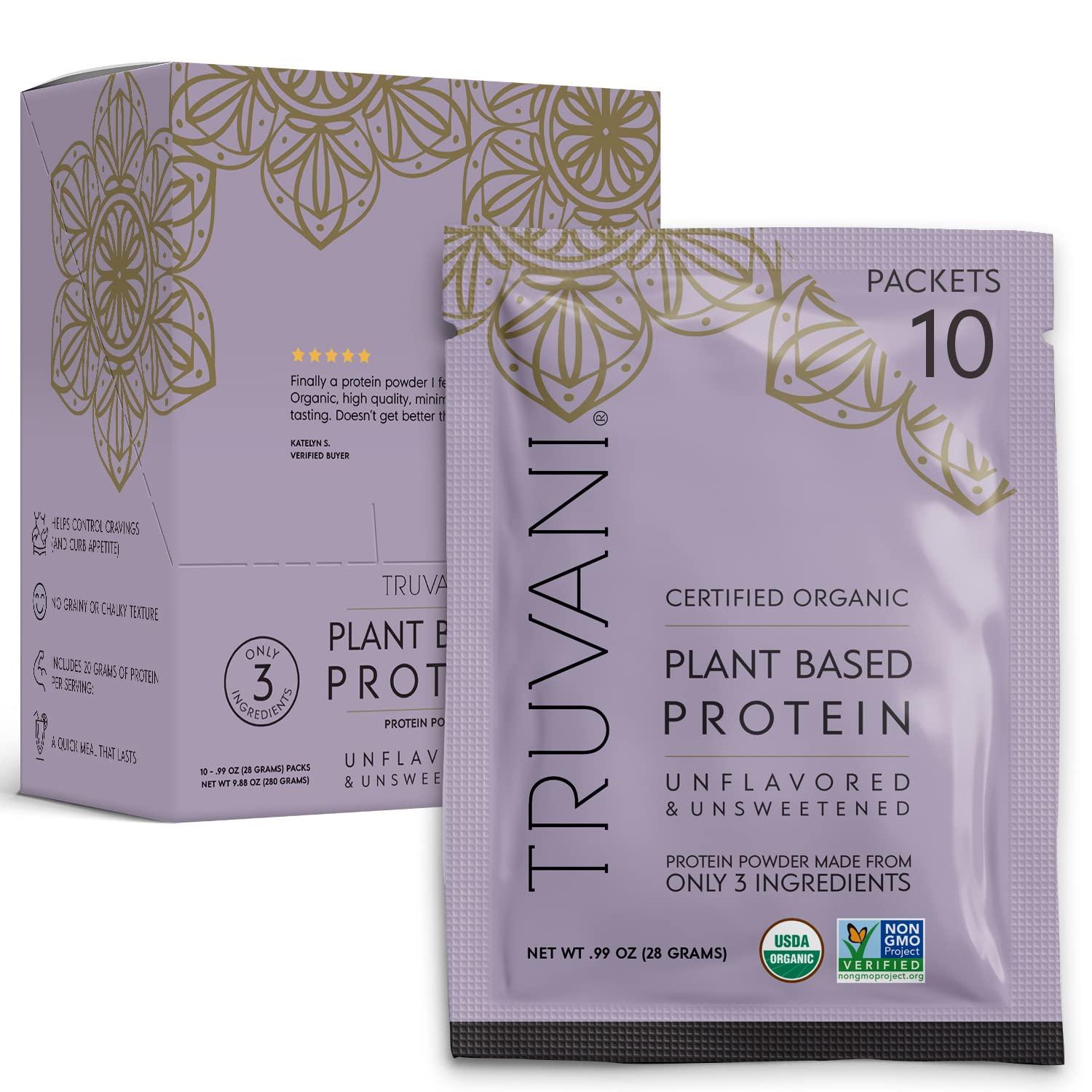 Truvani Truvani Vegan Pea Protein Powder | Unflavored | 20g Organic Plant Based Protein | 10 Travel Packets | Keto | Gluten & Dairy Free | Low Carb | No Added Sugar