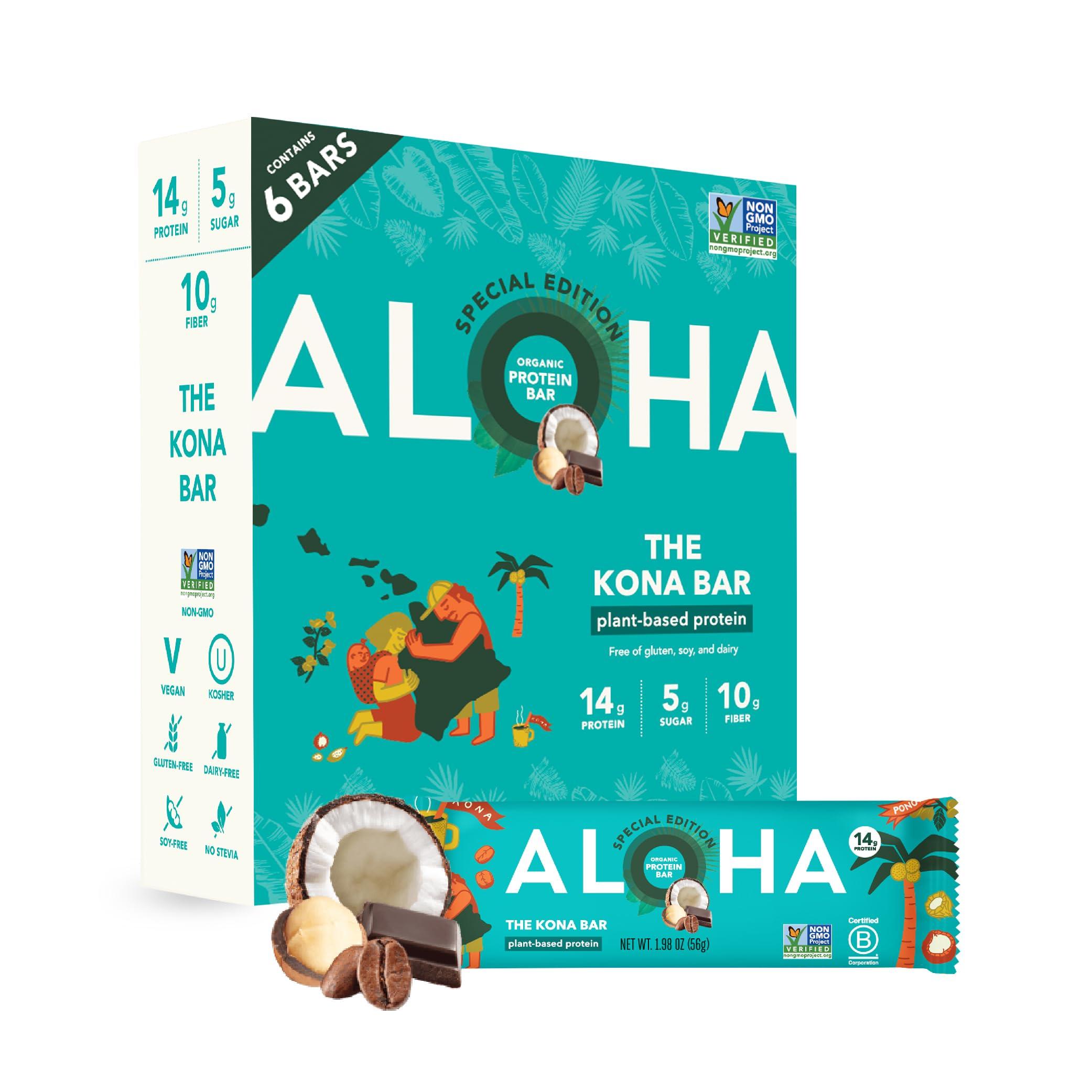 ALOHA ALOHA Organic Plant Based Protein Bars | The Kona Bar - Special Edition | 6 Count, 1.98oz Bars | Vegan, Low Sugar, Gluten Free, Paleo, Low Carb, Non-GMO, Stevia Free, Soy Free, No Erythritol