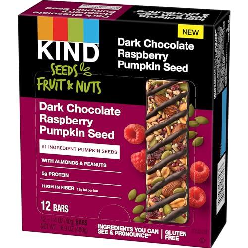 KIND KIND Seeds Fruit & Nuts Snack Bar, Dark Chocolate Raspberry Pumpkin Seed | 5g Protein, High Fiber, Gluten Free Bars, 1.4 OZ, 12 Count