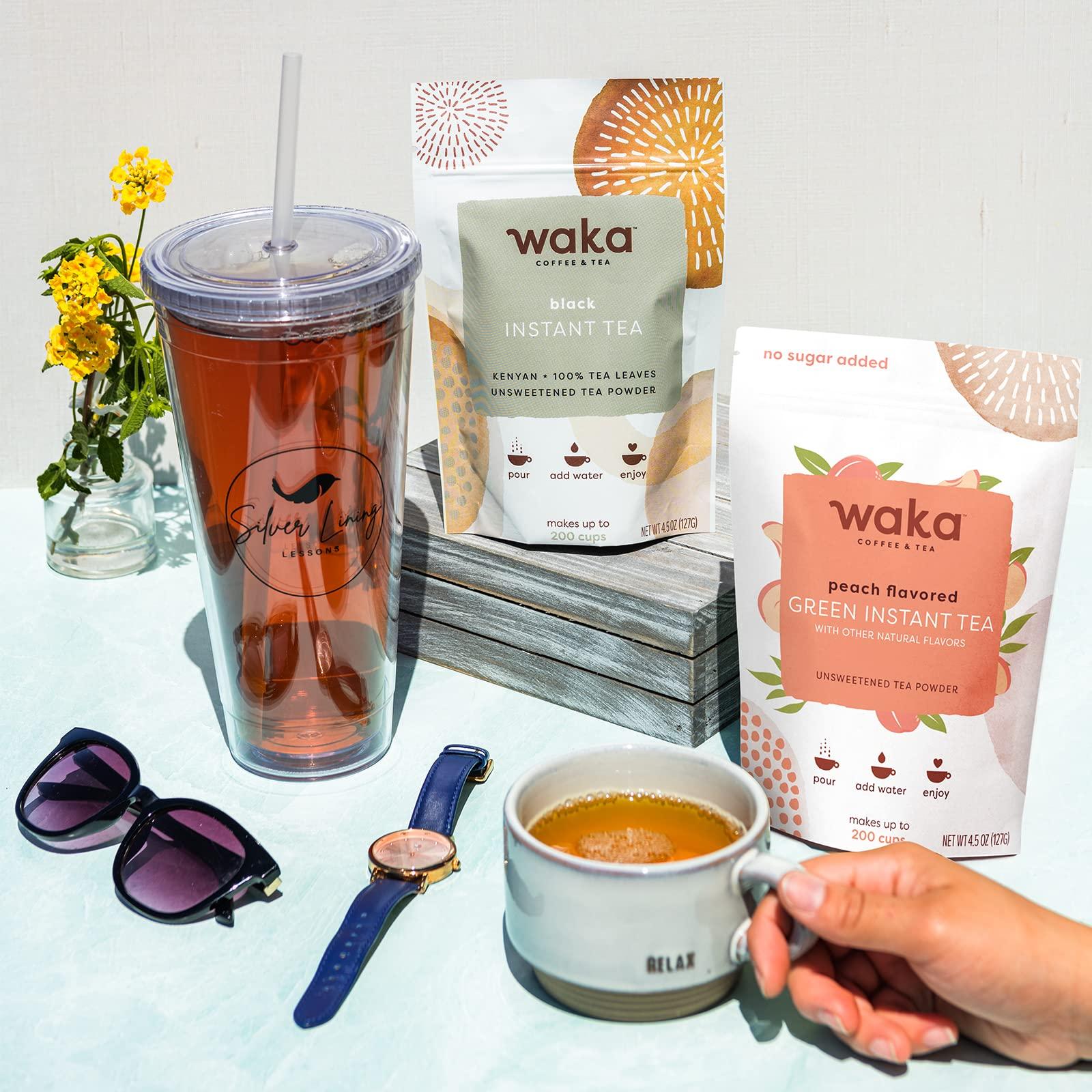 Waka Coffee Waka Instant Tea Mix, 2 Bag Bundle - 100% Tea Leaves, No Additives, Unsweetened Tea Powders - Kenyan Black, Peach Flavored Green (4.5oz Each)