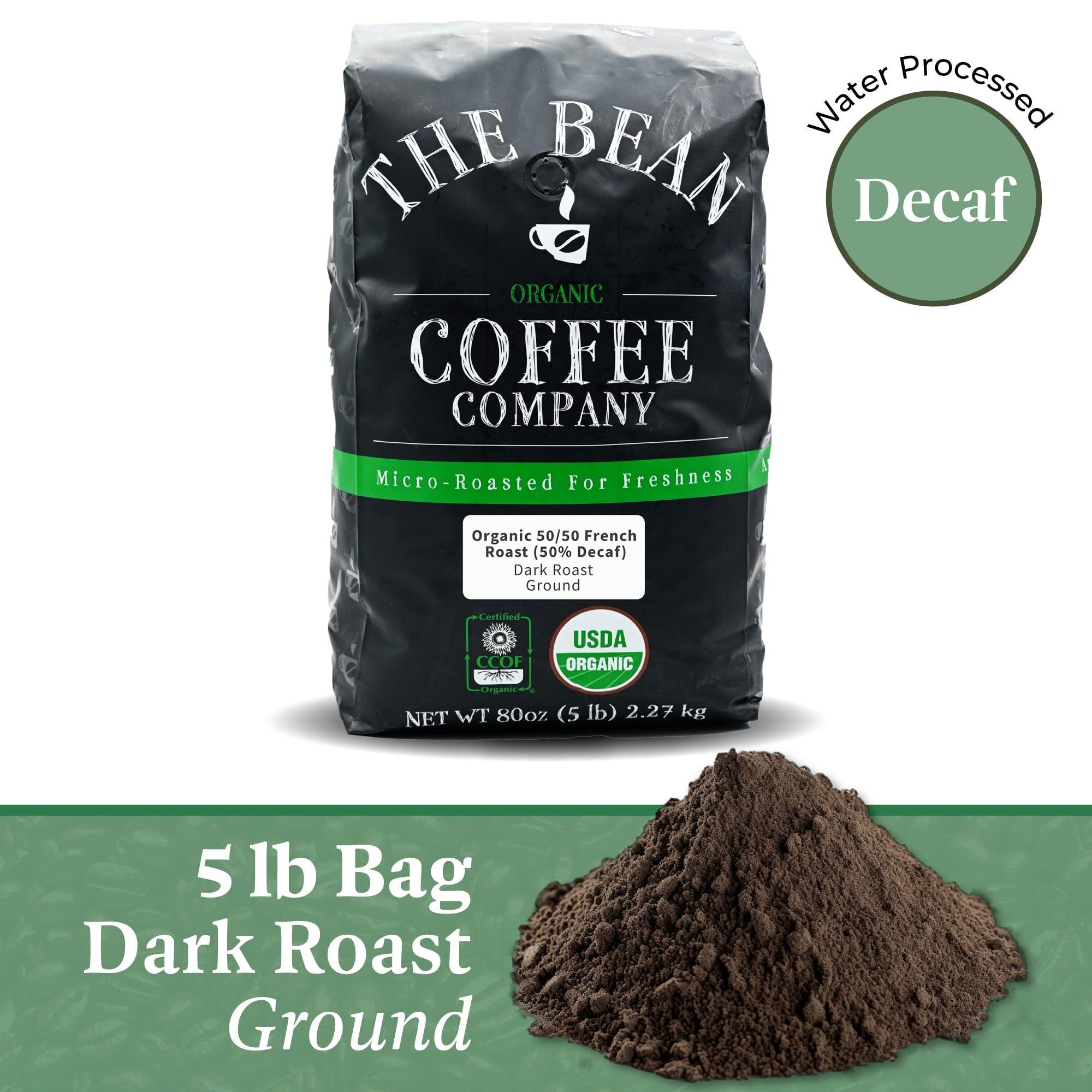 The Bean Coffee Company The Bean Organic Coffee Company 50/50 (Half Caff) French Roast, 50% Decaf, Dark Roast, Ground Coffee, 5-Pound Bag, Caf Molido Tostado Orgnico descafeinado