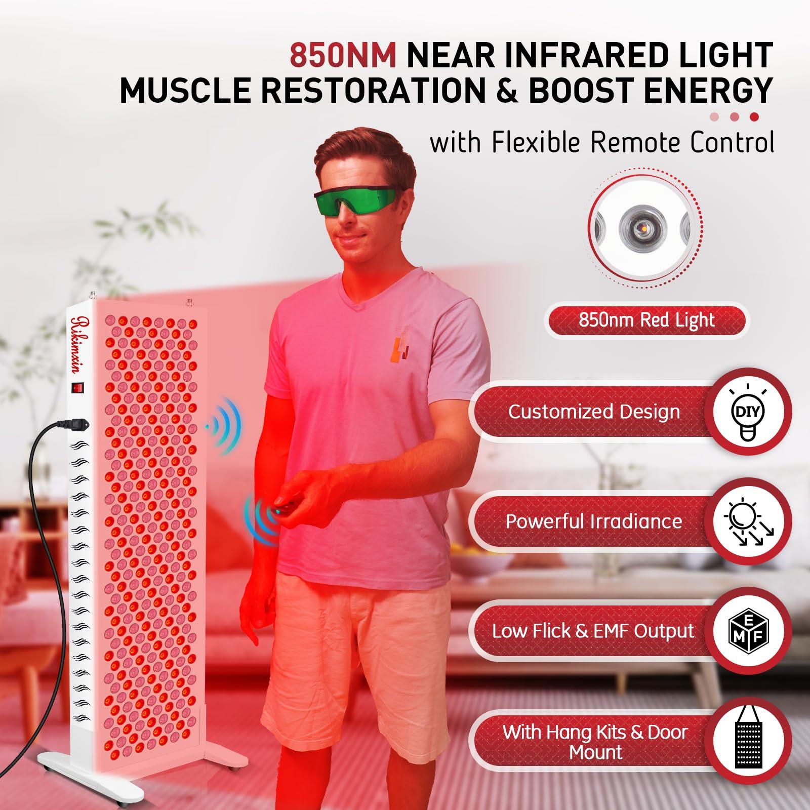 Rikimxin 300 LEDs Red Light Therapy Devices, Red 660nm and 850nm Near Infrared Light Therapy with Base Wheels, High Power Red Light Panel for Body Face Pain Relief, Recovery, Improve Sleep, Skin Health