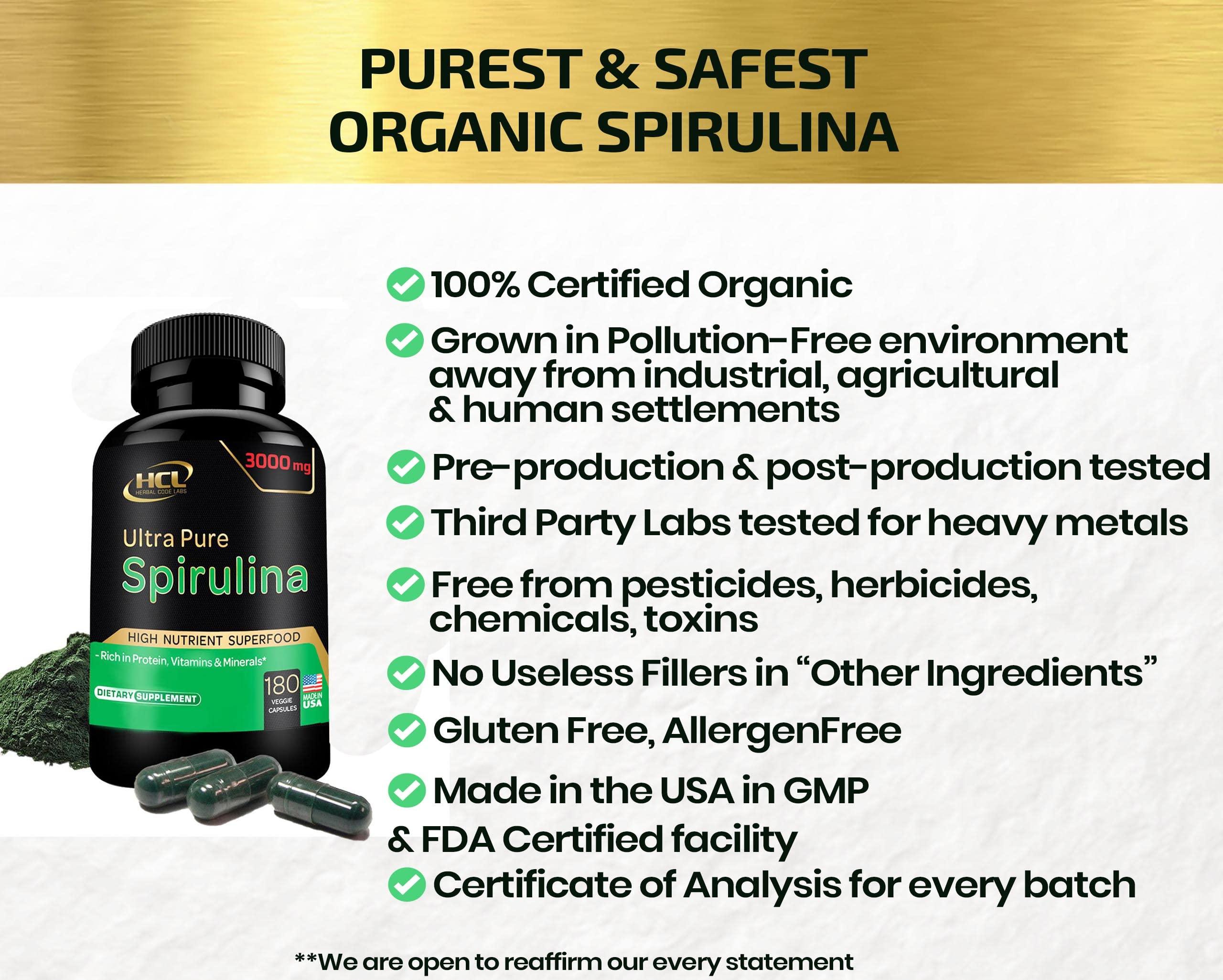 HCL HERBAL CODE LABS Organic Spirulina Powder Capsules 3000 mg - Purest Non-Irradiated Blue Green Algae - Best Raw Vegan Protein - Green Superfood - Natural Multivitamins – 180 Pills Made in The USA
