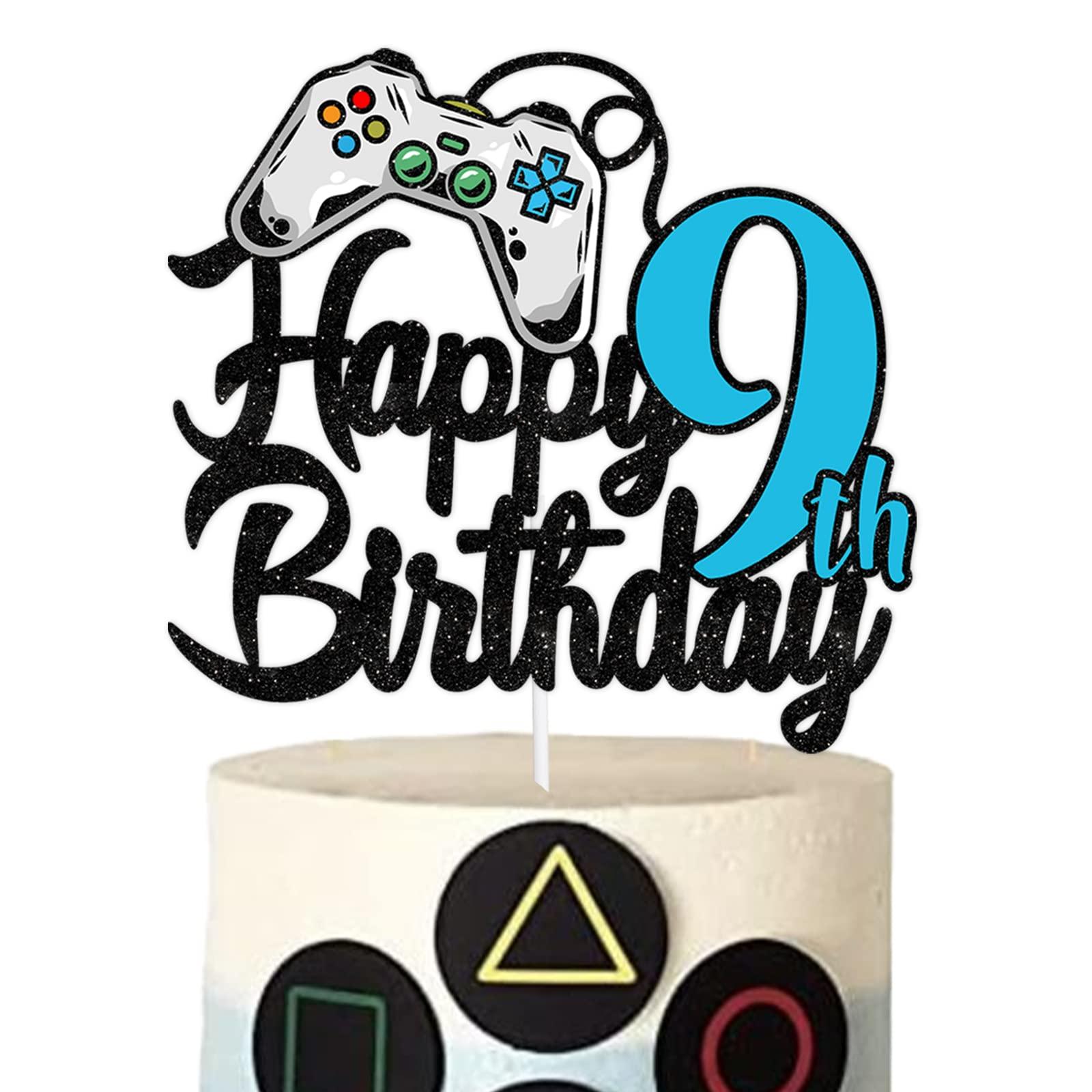 GZBJMYGS Happy 9th Birthday Cake Topper Party Video Games Decorations Black Blue Glitter - Cheers to 9 Years Level Up Theme Game On Winner Supplies for Boys or Girls