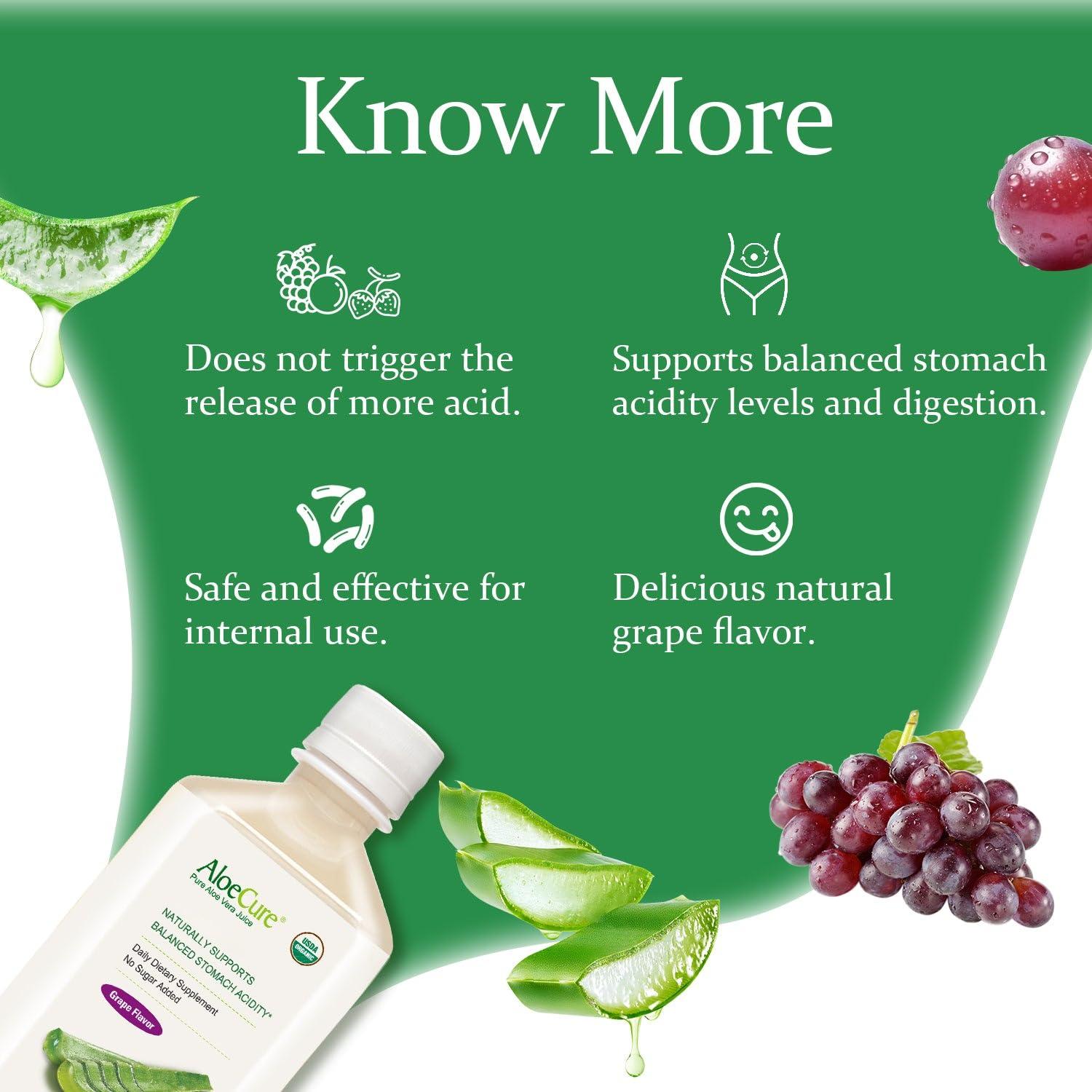AloeCure AloeCure USDA Organic Aloe Vera Juice Grape Flavor, Made Within 12 Hours of Harvest - Pure Aloe Vera Digestive & Immune Health Supplement, Helps Maintain Balanced Stomach Acidity, 16.7oz x 4 Btls