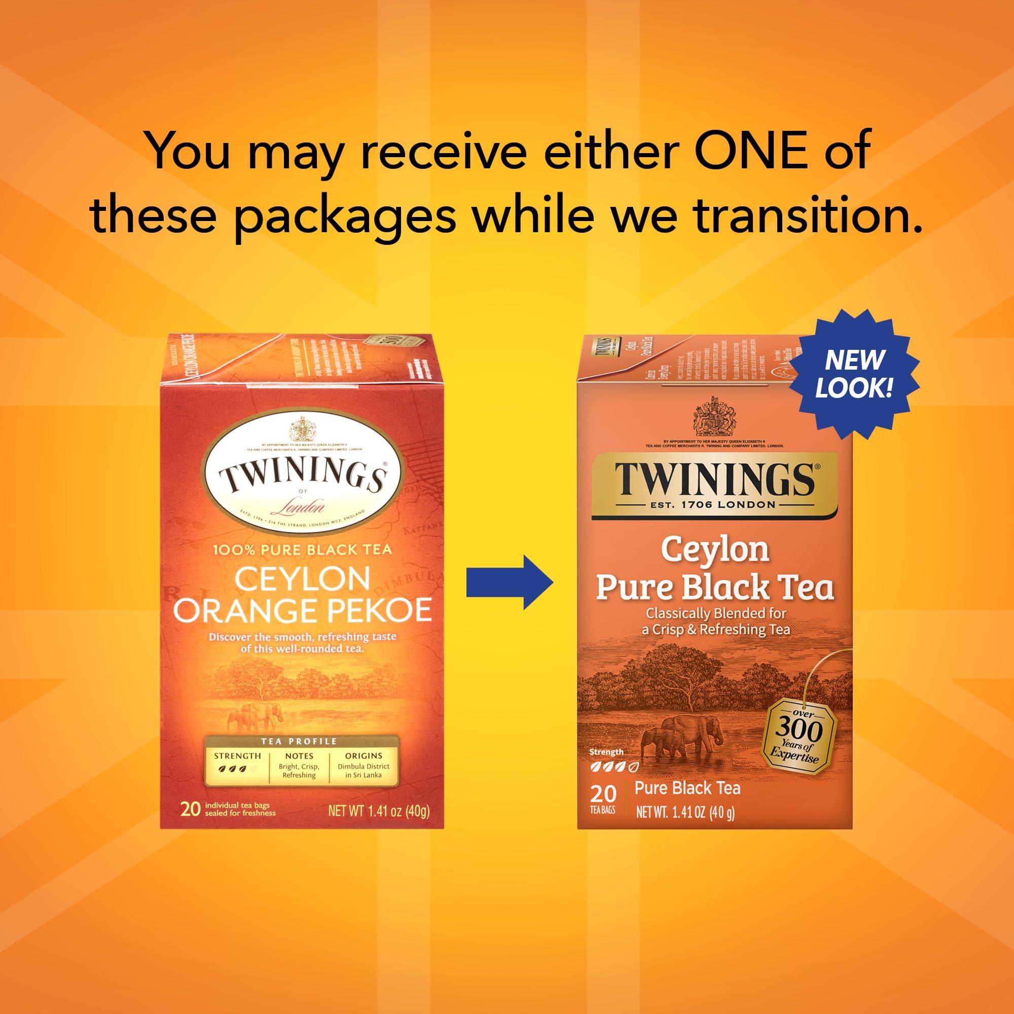 Twinings Twinings Ceylon Pure Black Tea Individually Wrapped Bags, 20 Count (Pack of 1), formerly Ceylon Orange Pekoe, Crisp, Refreshing, Caffeinated, Enjoy Hot or Iced | Packaging May Vary