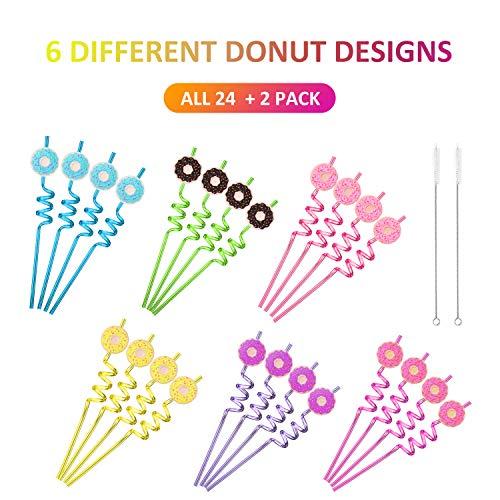 FZR Legend 24 Reusable Donut Straws for Birthday Party Supplies | Party Favors with 2 Cleaning Brush