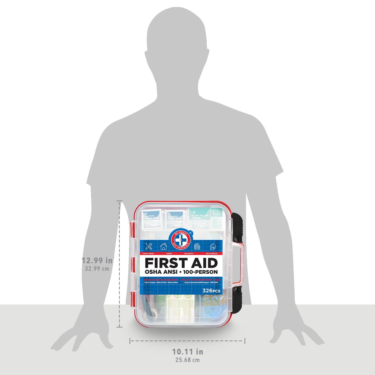 Be Smart Get Prepared Be Smart Get Prepared First Aid Kit Hard Red Case 326 Pieces Exceeds OSHA ANSI Guidelines 100 People. Office, Home, Car, School, Emergency, Survival, Camping, Hunting and Sports, FSA / HSA Approved