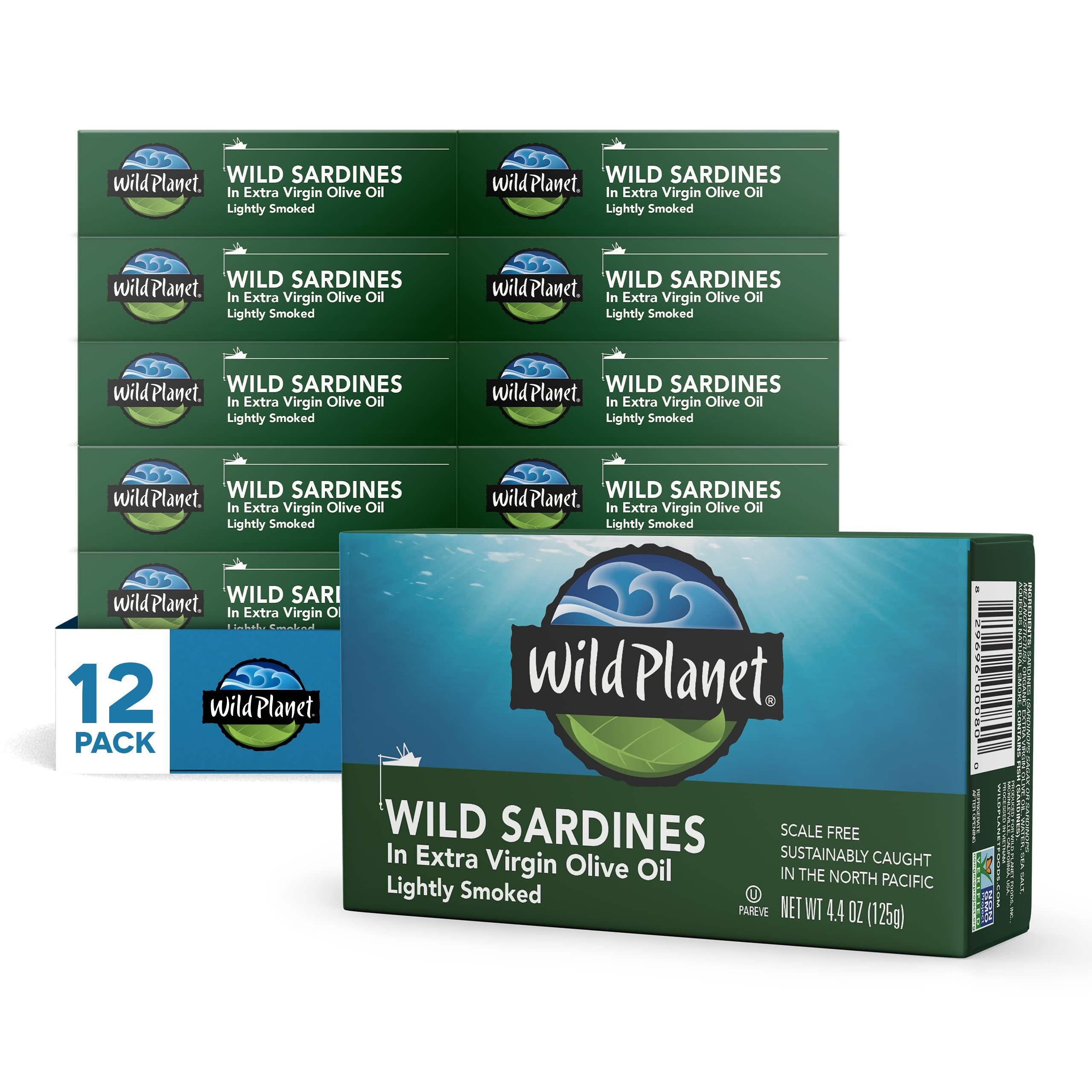 Wild Planet Wild Planet Wild Sardines in Extra Virgin Olive Oil, Lightly Smoked, Tinned Fish, Sustainably Caught, Non-GMO, Kosher, Gluten Free, 4.4. Ounce (Pack of 12)