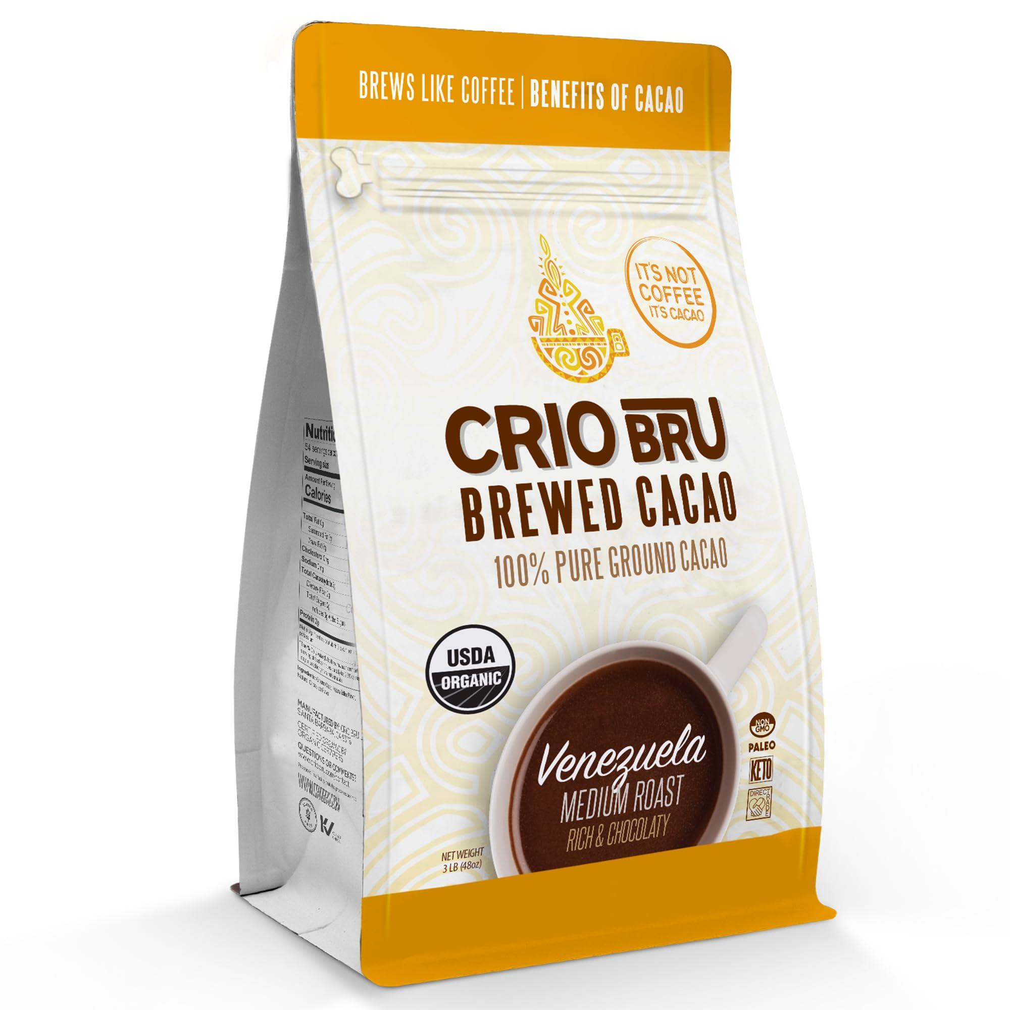 Crio Bru Crio Bru Brewed Cacao Venezuela Medium Roast 3lb (48oz) - Coffee Alternative Natural Healthy Drink | 100% Pure Ground Cacao Beans | 99.99% Caffeine Free, Keto, Low Carb, Paleo, Brew And Enjoy Hot or Iced