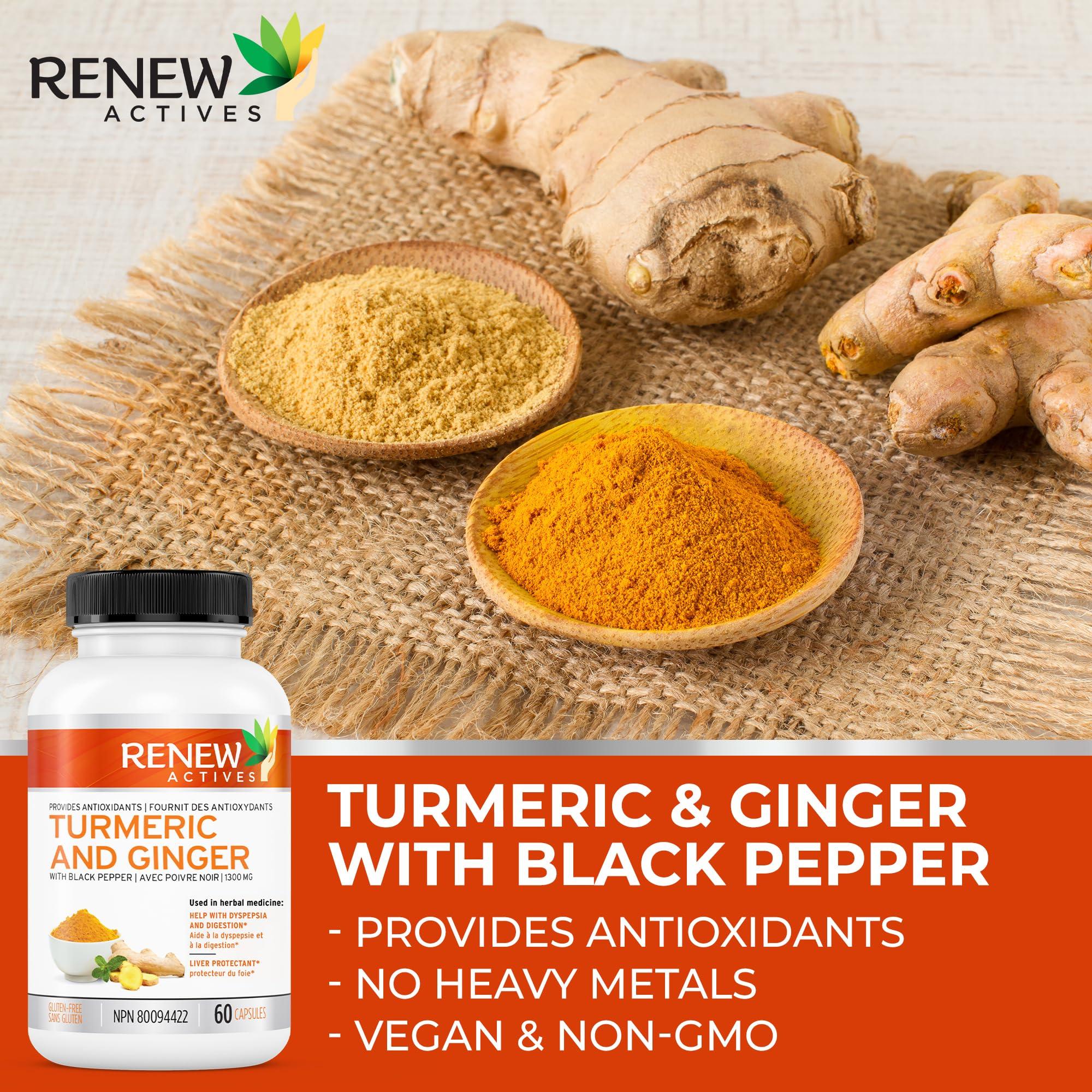 Renew Actives Renew Actives Ginger Turmeric Curcumin Capsules - Potent Antioxidant with Bioperine & Black Pepper Blend for Digestive & Liver Health - Easy-to-Swallow Capsules - 60 Vegan Capsules