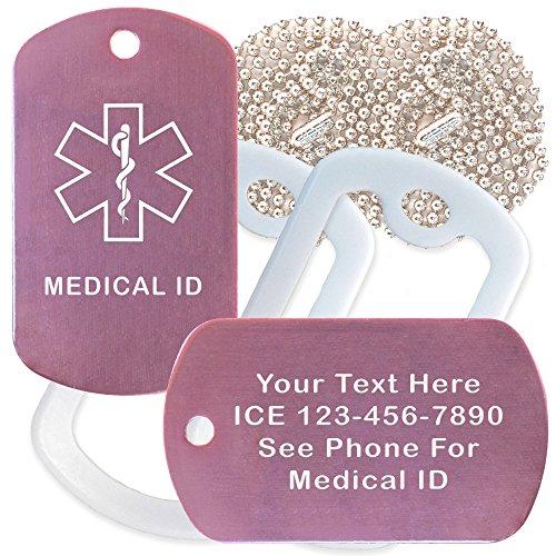 Goods For Giving Custom 2 Pack - Medical Id Medical Alert ID Necklaces with Pink Custom Tags, White Silencers, and 30'' USA Chains