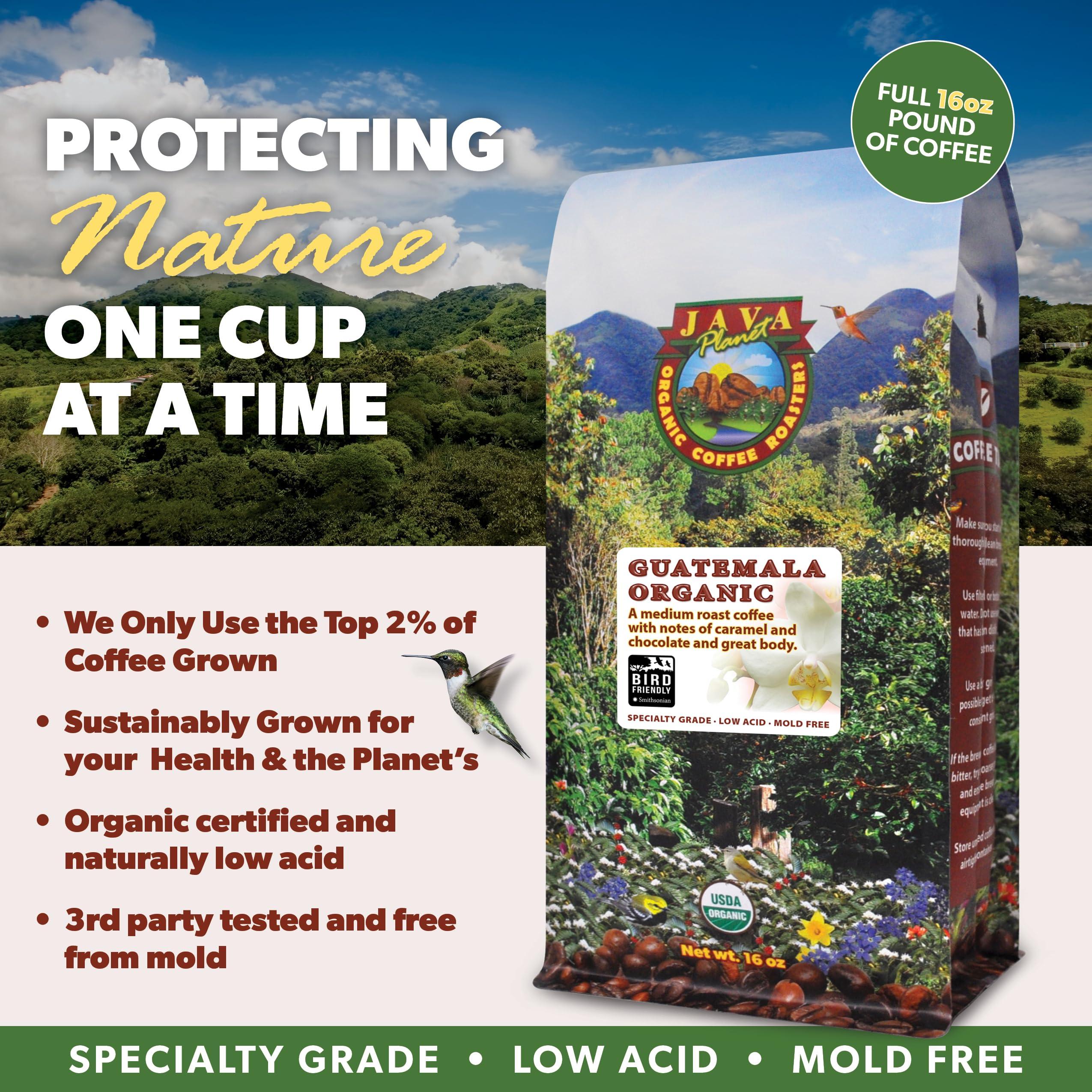 Java Planet Organic Coffee Roasters Java Planet Low Acid Coffee, Guatemalan Organic Coffee Beans, Smooth Full Flavored, Single Origin: Whole Bean Medium Roast - Smithsonian Bird Friendly 2-1LB Bags