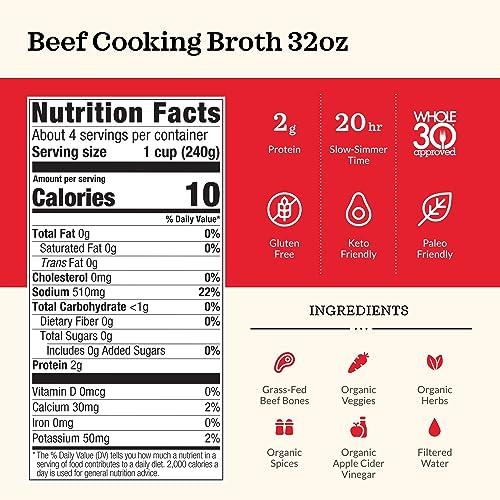 Kettle & Fire Kettle and Fire Beef Cooking Broth, Keto, Paleo, and Whole 30 Approved, Gluten Free, High in Protein and Collagen, 4 Pack (32 Ounces)