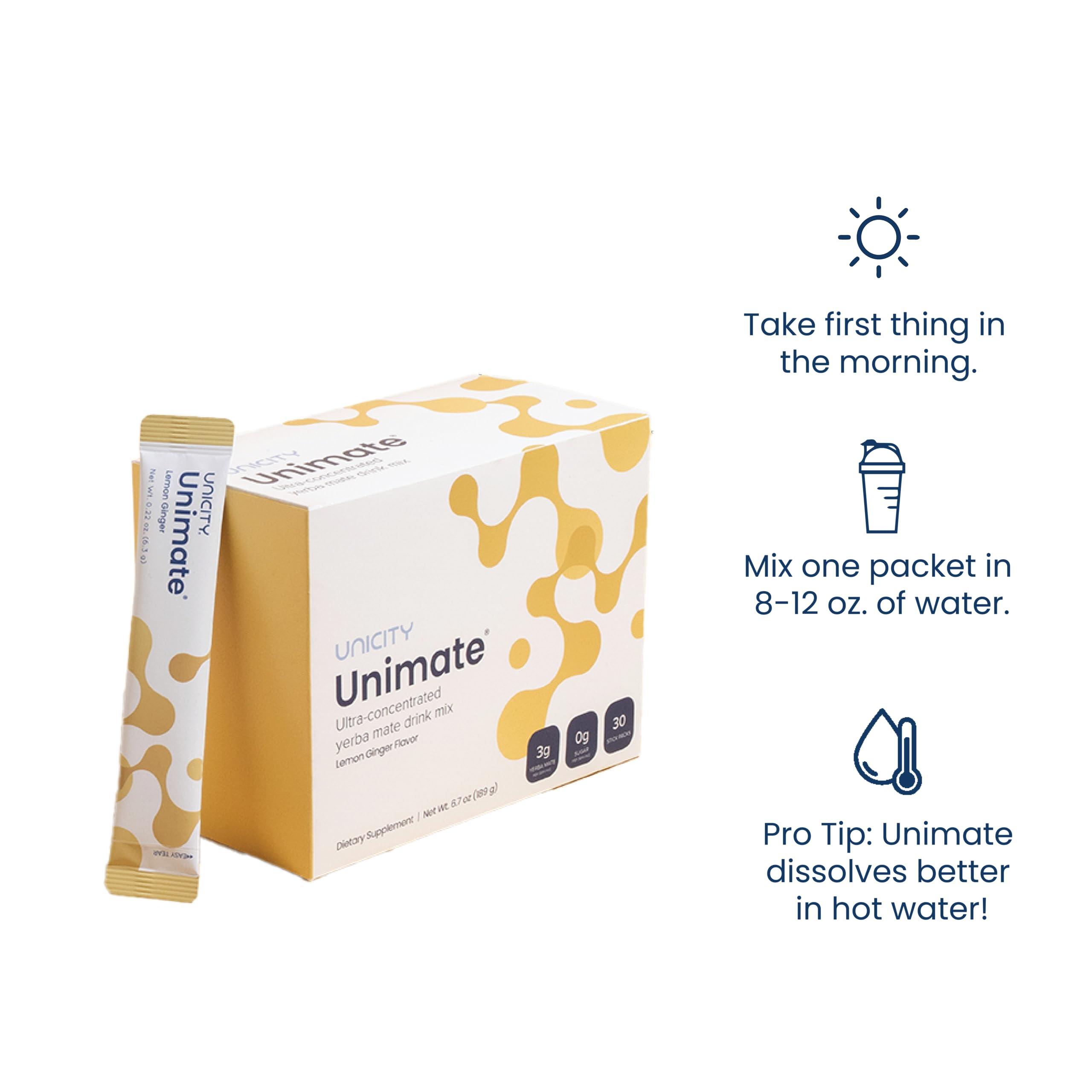 Unicity UNICITY UNIMATE LEMON GINGER STICK PACKS - Great Tasting - Ultra Concentrated Yerba Mate Drink Mix (30 Packets). Dietary Supplement. Healthy Alternative to Coffee and Energy Drinks (30-Day Supply)