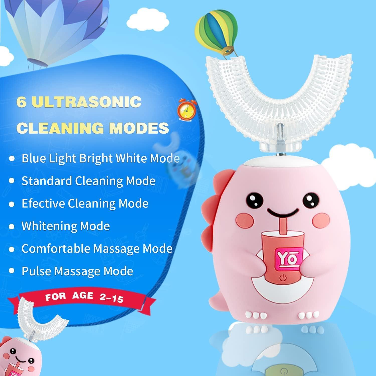 Yodabai yeklike Kids Electric Toothbrushes, U Shaped Ultrasonic Toothbrush,Rechargeable Kids Toothbrush w/Smart Timer, Sonic Toothbrush Kids with 6 Modes, IPX7 Waterproof Design (2-7 Year Old, Pink)