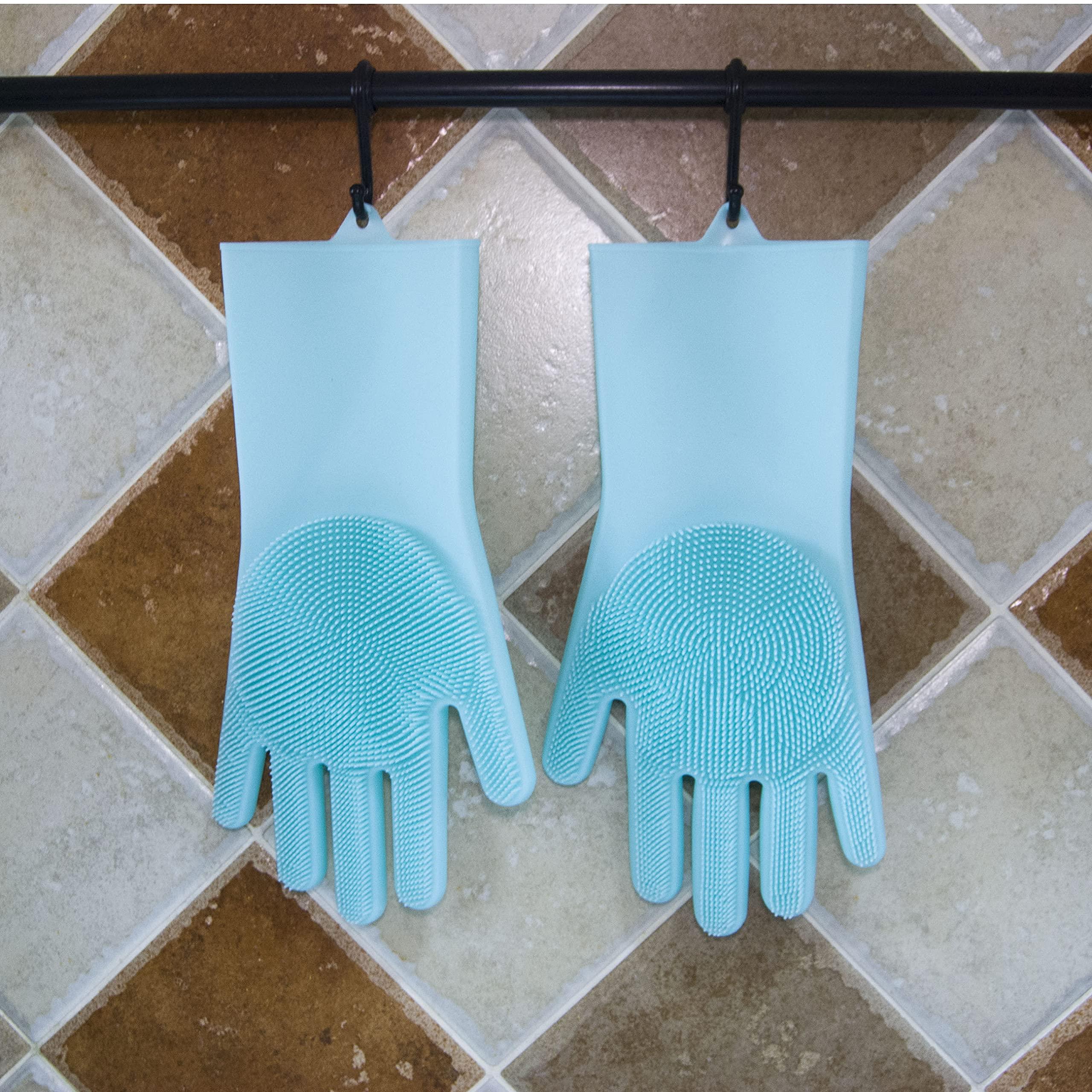 HealthyLifeUS HealthyLifeUS Silicone Dishwashing Gloves Reusable Non slip Heat Resistant for Kitchen Bathroom Car Wash Pet large 240g thick 1 Pair (Blue)