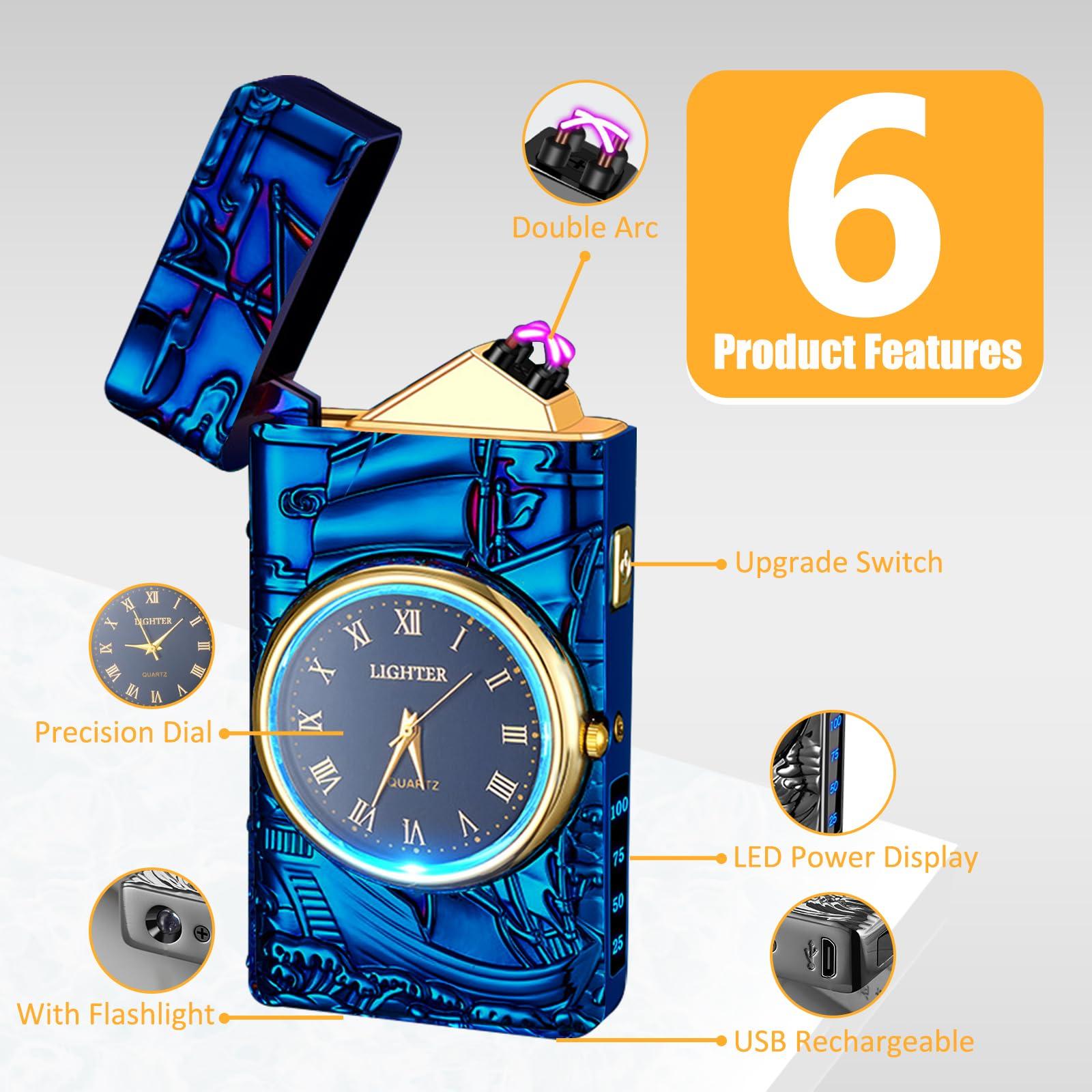 comanyi COMANYI Electric Lighter with Plasma Arc, Windproof USB Rechargeable Lighter with Cool Design, Clock Dial, Flashlight, Power Display for Outdoor Daily Use, Gift for Men Women (Sailboat, Blue)
