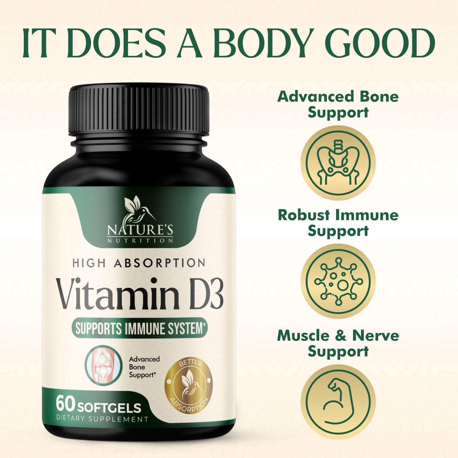 Nature's Nutrition Vitamin D3 Supplement 5000iu (125 mcg) - High Potency Vitamin D Dietary Supplement for Bone, Teeth, Muscle and Immune Health Support - Rapid Absorption D3 Softgel, Non-GMO, Gluten Free - 60 Softgels