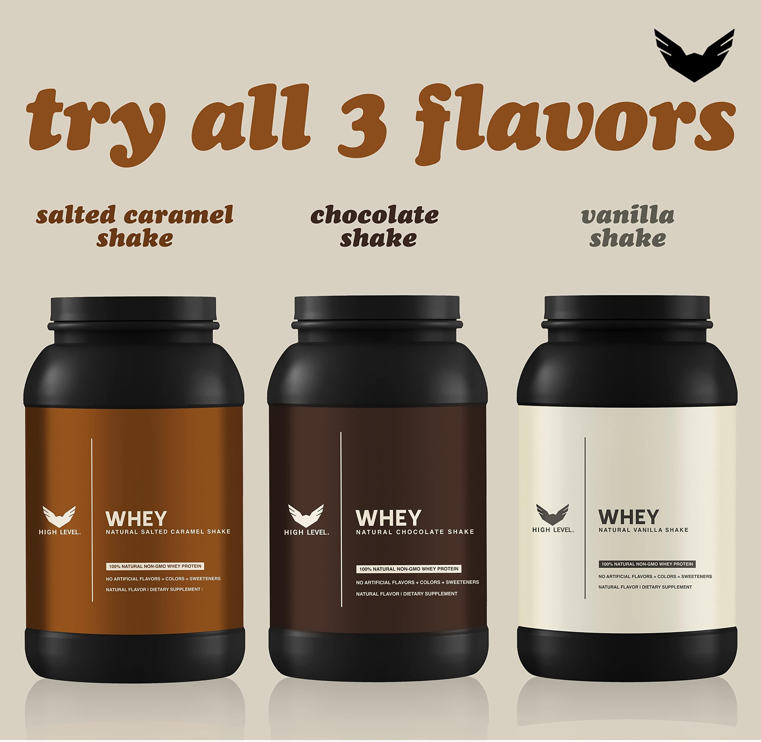 High Level High Level Whey Protein Powder - Natural, 24g Protein, 2 lb, Salted Caramel Shake Sweetened with Stevia, Ultra-Filtered, Non-GMO, Includes Digestive Enzymes, No Artificial Additives, Made in USA