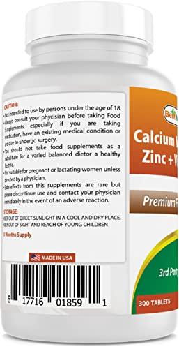Best Naturals Best Naturals Calcium Magnesium Zinc with Vitamin D3, 300 Tablets - Calcium 1000 mg, Magnesium 400 mg, Zinc 25 mg & D3 600 IU per Serving (3 Tablets)