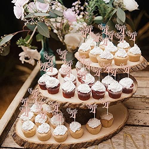 ZHUOWEISM 36 PCS Cheers to 21 Cupcake Toppers Glitter 21th birthday Cupcake Picks Decorations for 21th Wedding Anniversary Birthday Party Supplies Rose Gold
