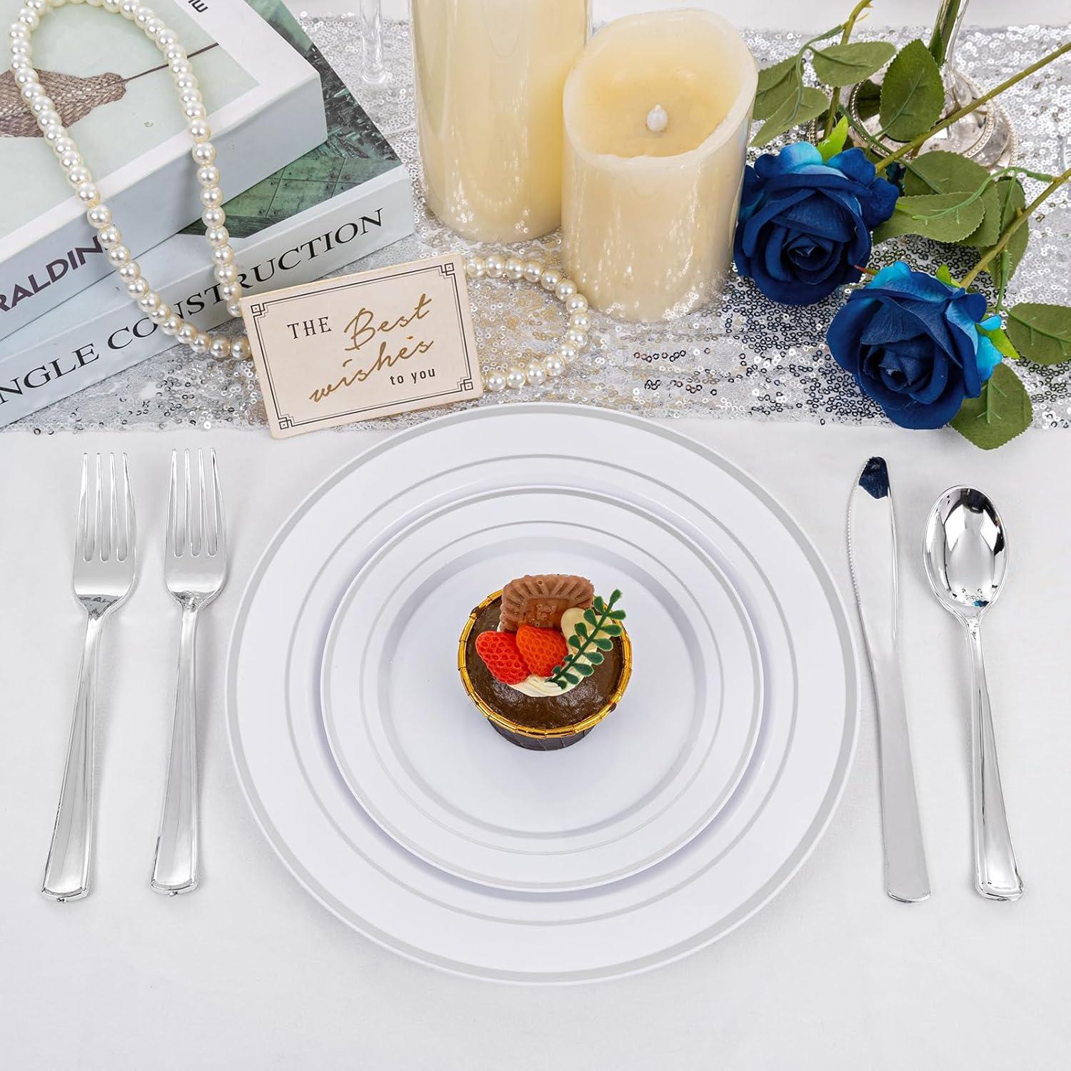 WDF Partyware WDF Partyware 350 Pcs Silver Plastic Plates - Silver Dinnerware Set of 50 Dinner Plates 50 Dessert Plates 50 Silverware 50 Napkins 50 Cups for Party&Wedding