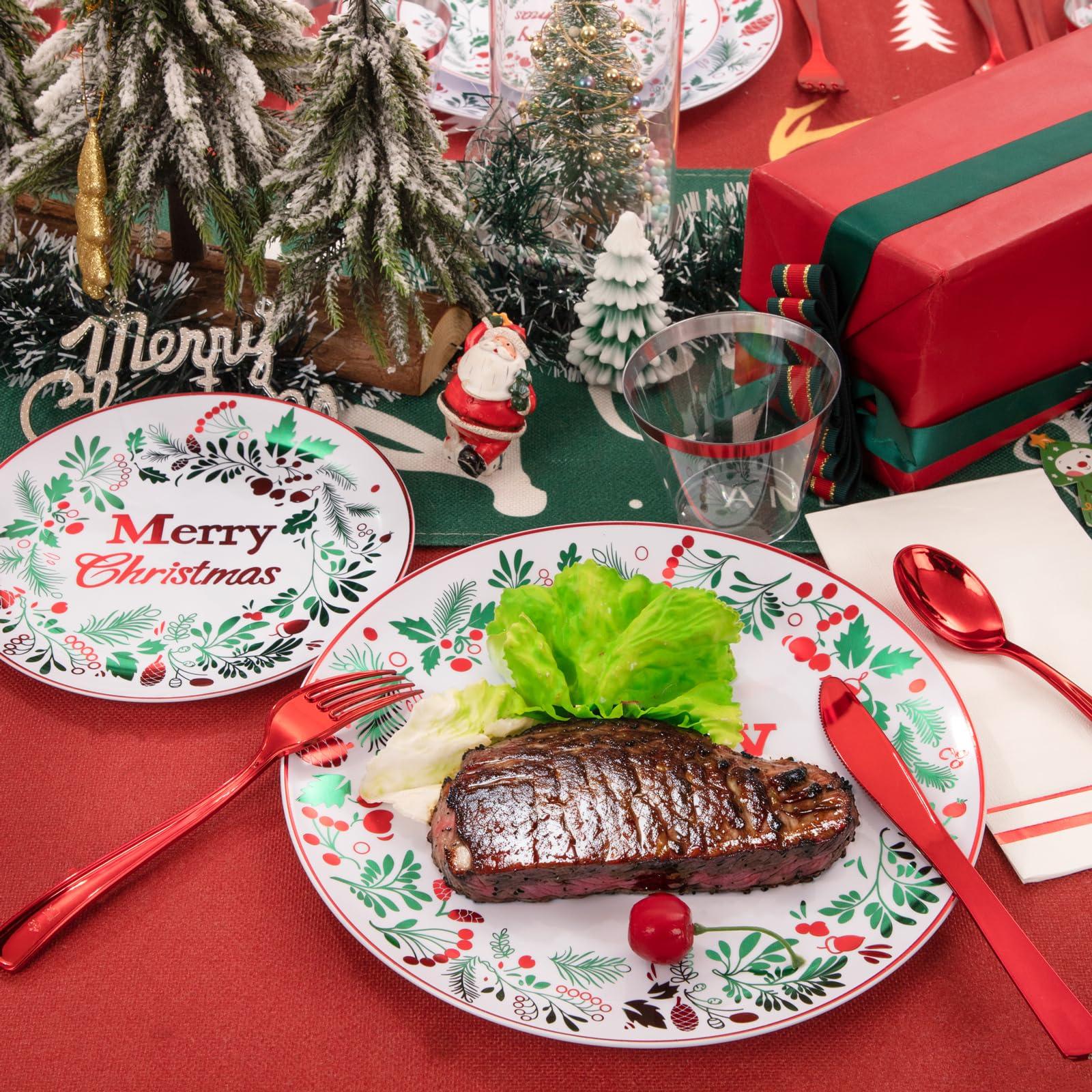 bUCLA bUCLA 175PCS Christmas Plates Dinnerware Set - Green and Red Christmas Plastic Plates and Napkins Disposable Include 25 Dinner Plates,25 Dessert Plates,75 Cutlery,25 Cups&25 Napkins