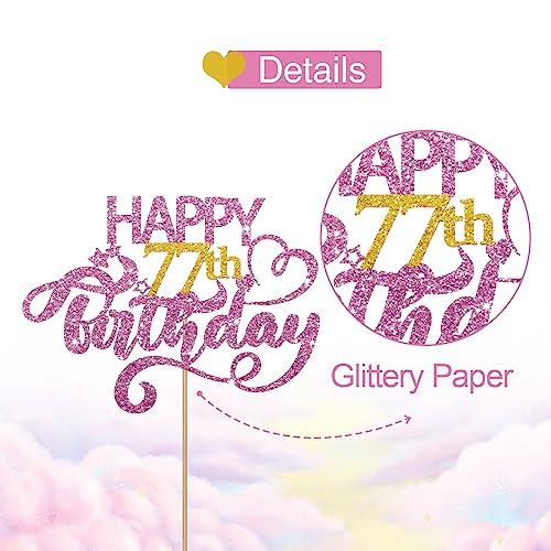 MINUET MINUTE Pink Glitter Happy 77th Birthday Cake Topper, Seventy Seven Years Old Birthday Party Cake Decor, Gold Number 77 Birthday Party Supplies Decorations for Man or Woman
