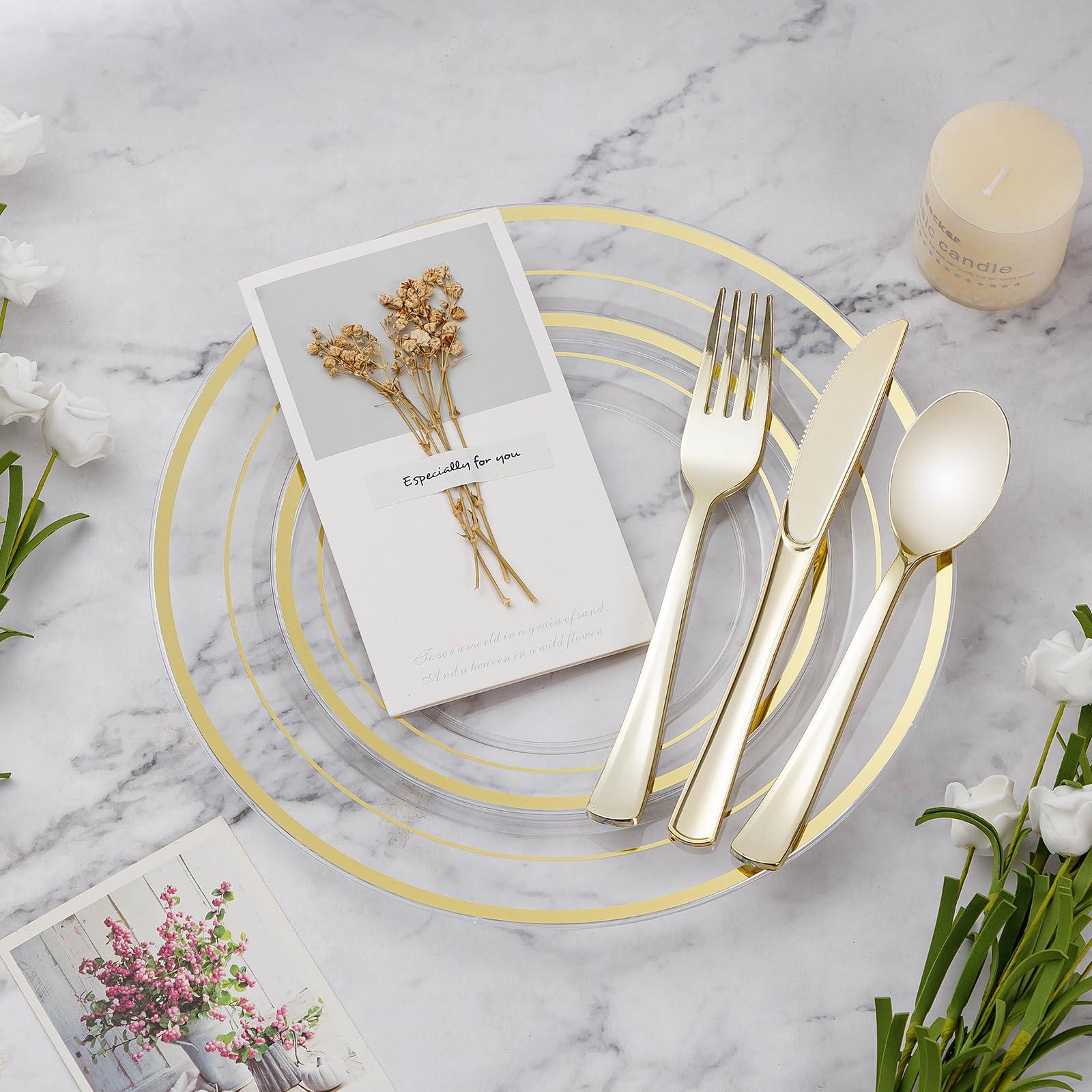 BESTVIP BESTVIP 600PCS Clear Gold Plastic Plates and Gold Silverware for 100 Guests, Gold Disposable Utensils, Clear Gold Plastic Plates for Party, Wedding and Dinner
