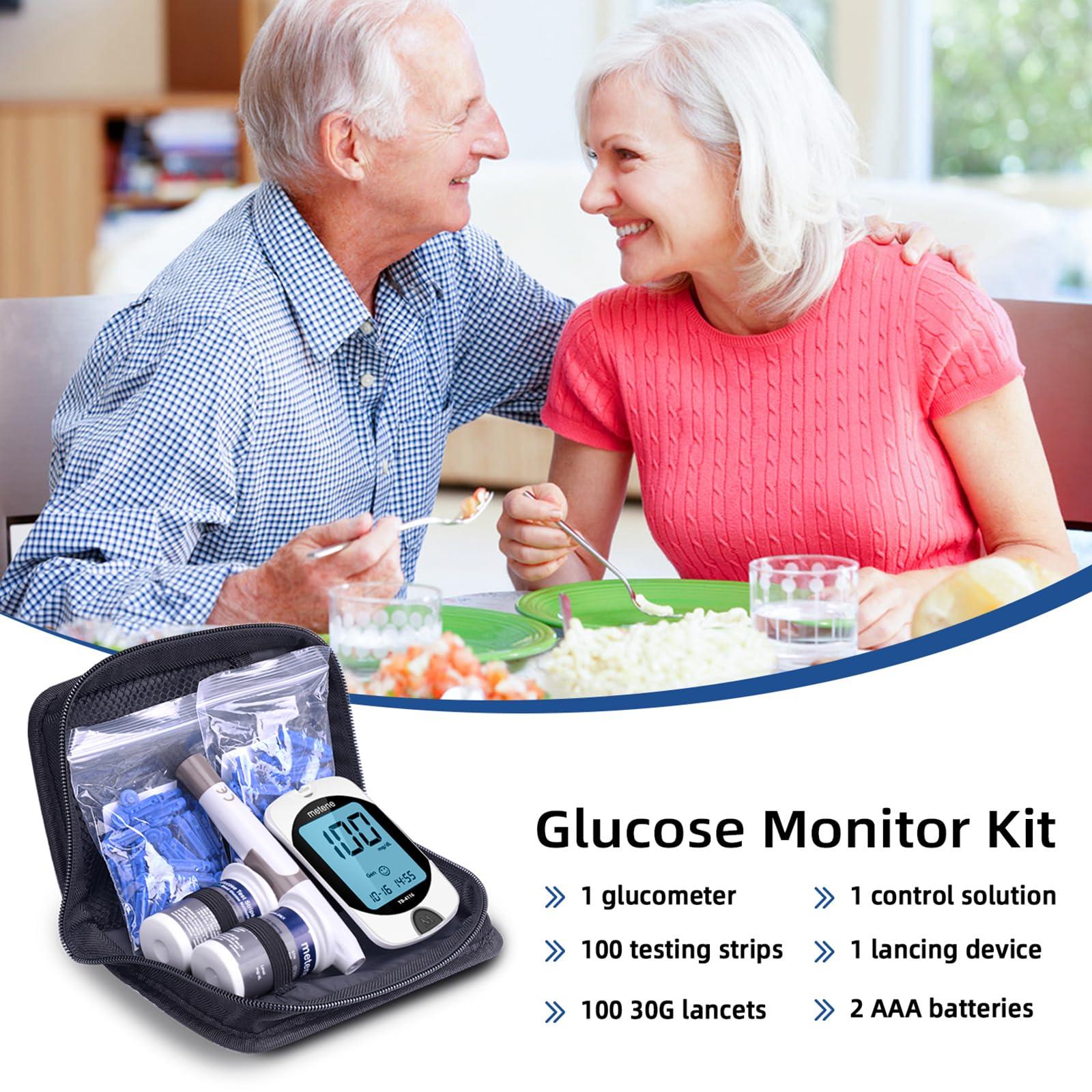 Metene Metene TD-4116 Blood Glucose Monitor Kit, 100 Glucometer Strips, 100 Lancets, 1 Blood Sugar Monitor, Blood Sugar Test Kit with Control Solution, Lancing Device, No Coding, Large Display