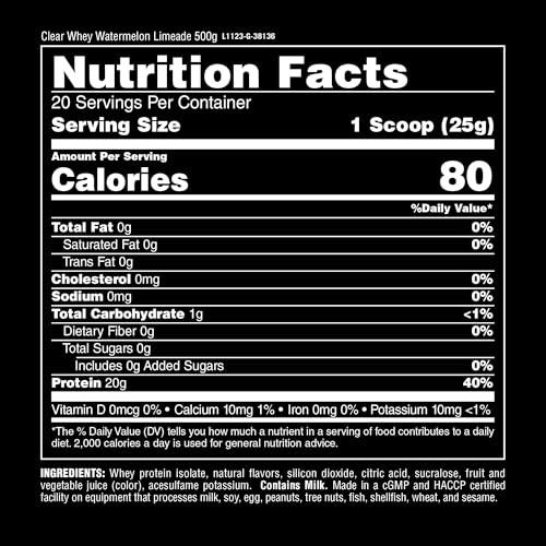 Animal Clear Whey Isolate Protein Powder - Easy to Digest and Mix, 5g BCAA, Deliciously Juicy, Refreshing Anytime Drink for Men and Women, Watermelon Limeade 500g (20 Servings)