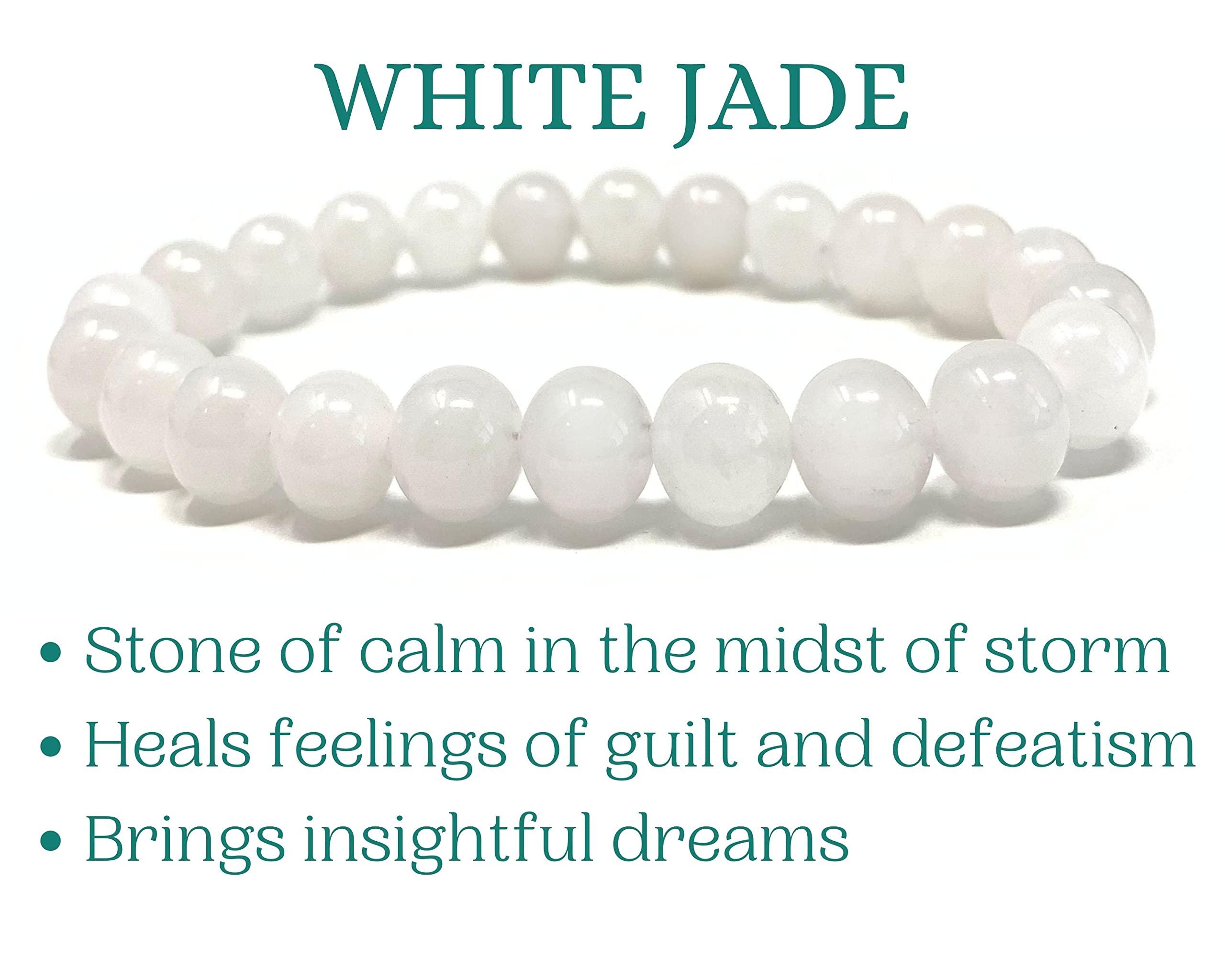 Soul Charms Crystals White Jade Beaded Crystal Bracelet 8mm Beads Stackable | Calming, Energy Balance, Protection, Dreaming, Spiritual Gift Her, Healing Bracelet