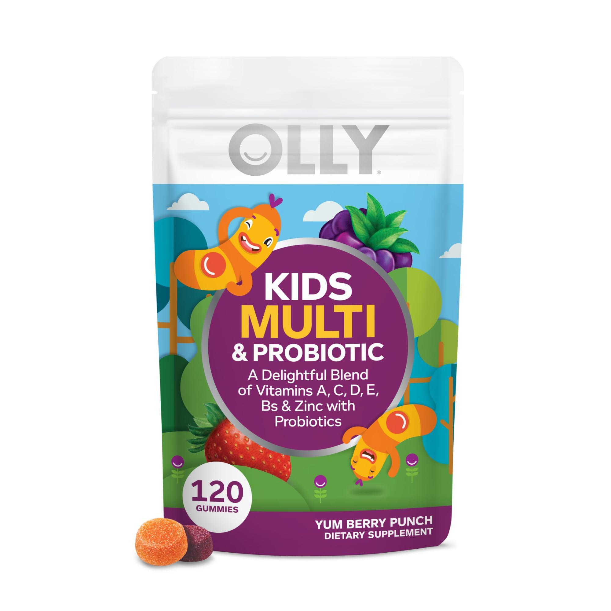 OLLY OLLY Kids Multivitamin & Probiotic Gummy, Digestive Support, Vitamins A, D, C, E, B, Zinc, Chewable Supplement, Berry Flavor, 60 day supply - 120 Count