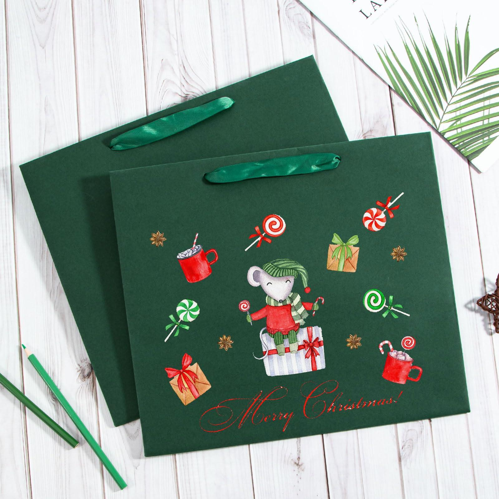 driew driew Green Gift Bags, 12 Pack Extra Large Deep Green Gift Bag Ribbon Handles Heavy Duty Paper Gift Bags 12.6x4.5x11 inches Party Gift Bags for Shopping, Pakcing,Retail,Dark Green